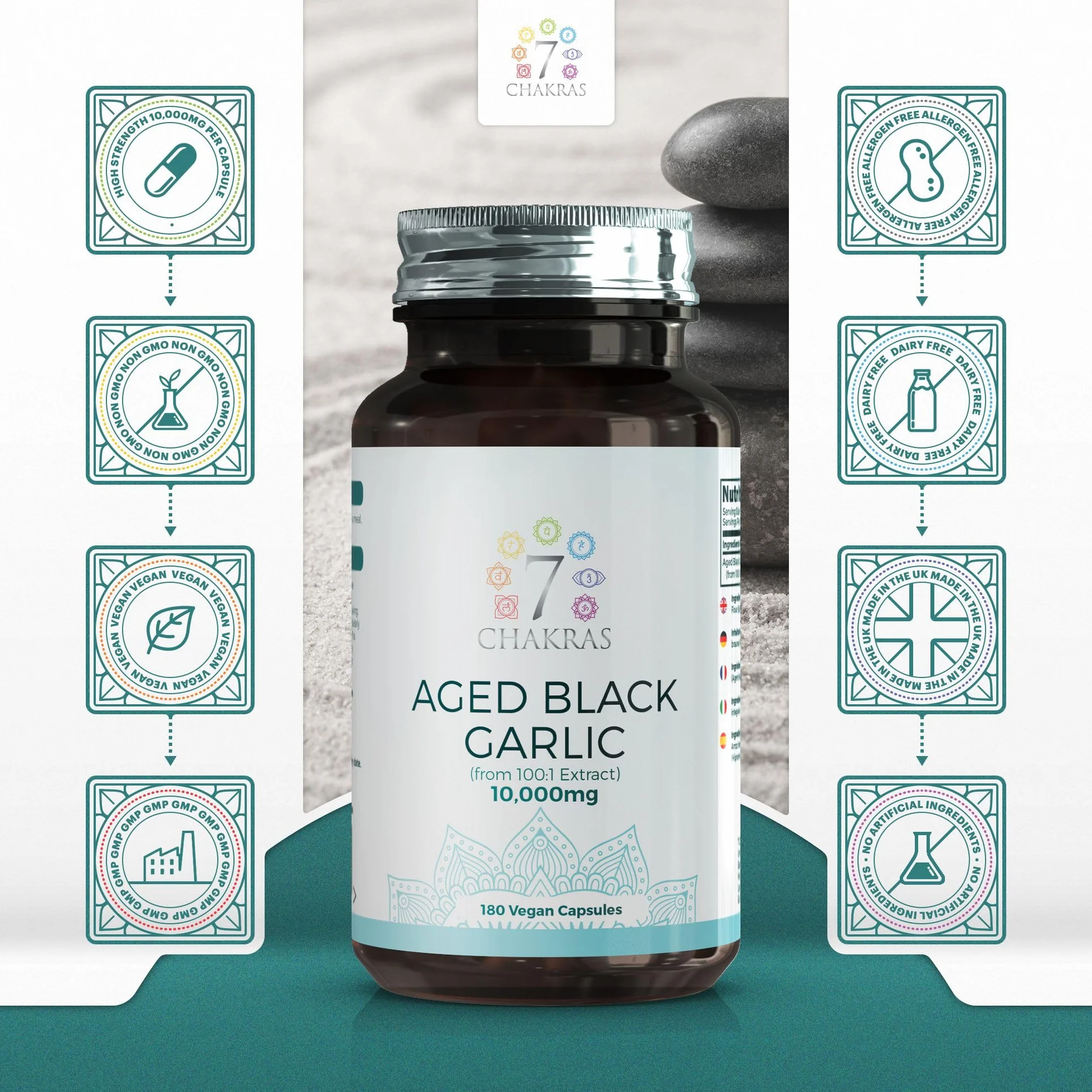 7C Aglio Nero | 180 Capsule Aglio Nero ad Alta Potenza - 10.000mg Estratto D’aglio per Capsula | Integratore Black Garlic Inodore | Non-OGM, Senza Glutine e Allergeni | Prodotto nel Regno Unito