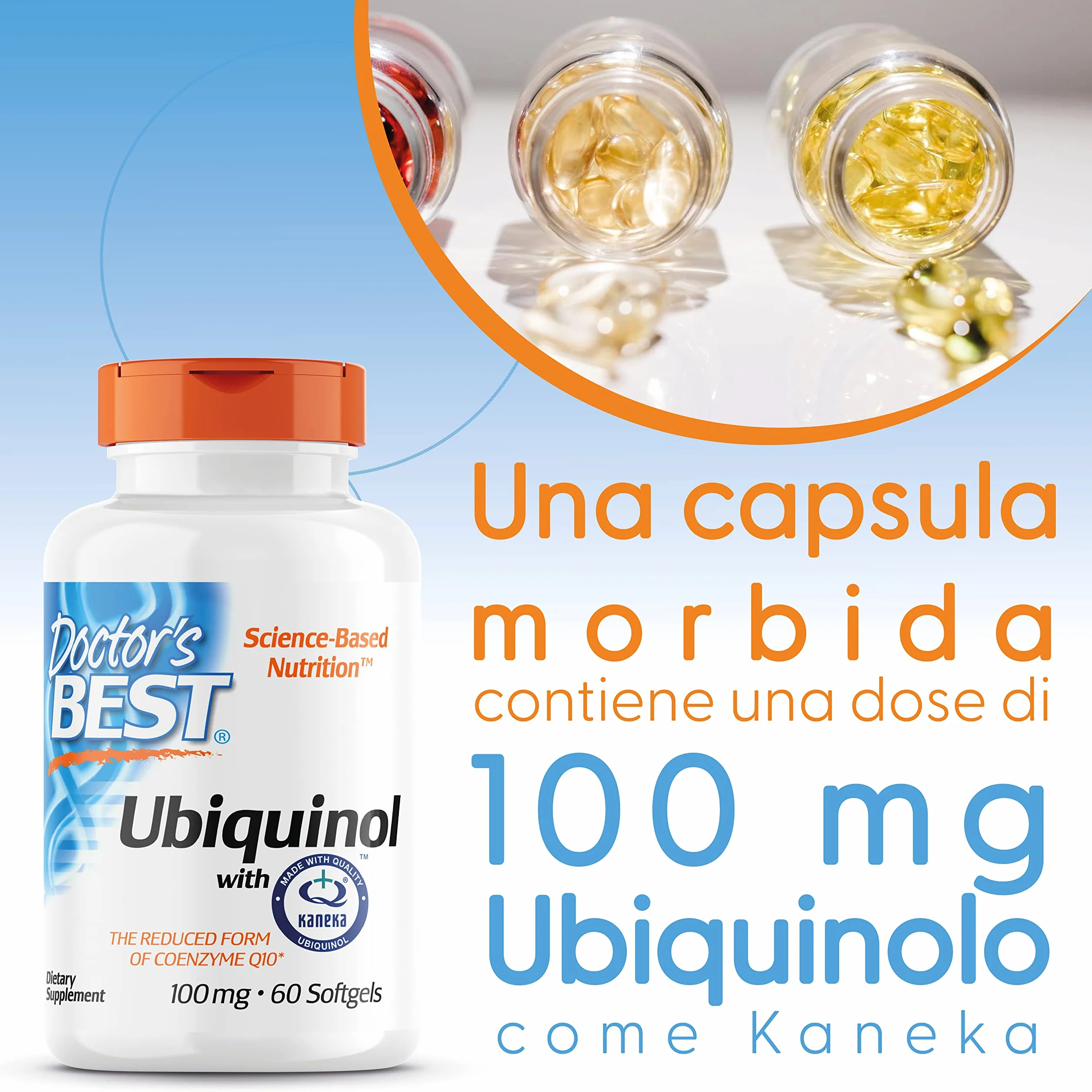 Doctor's Best, Ubiquinol with Kaneka, Coenzima Q10, 100mg, 60 Capsule morbide, Altamente Dosato, Testato in Laboratorio, Senza Soia, Senza Glutine, Non-GMO, Vegetale