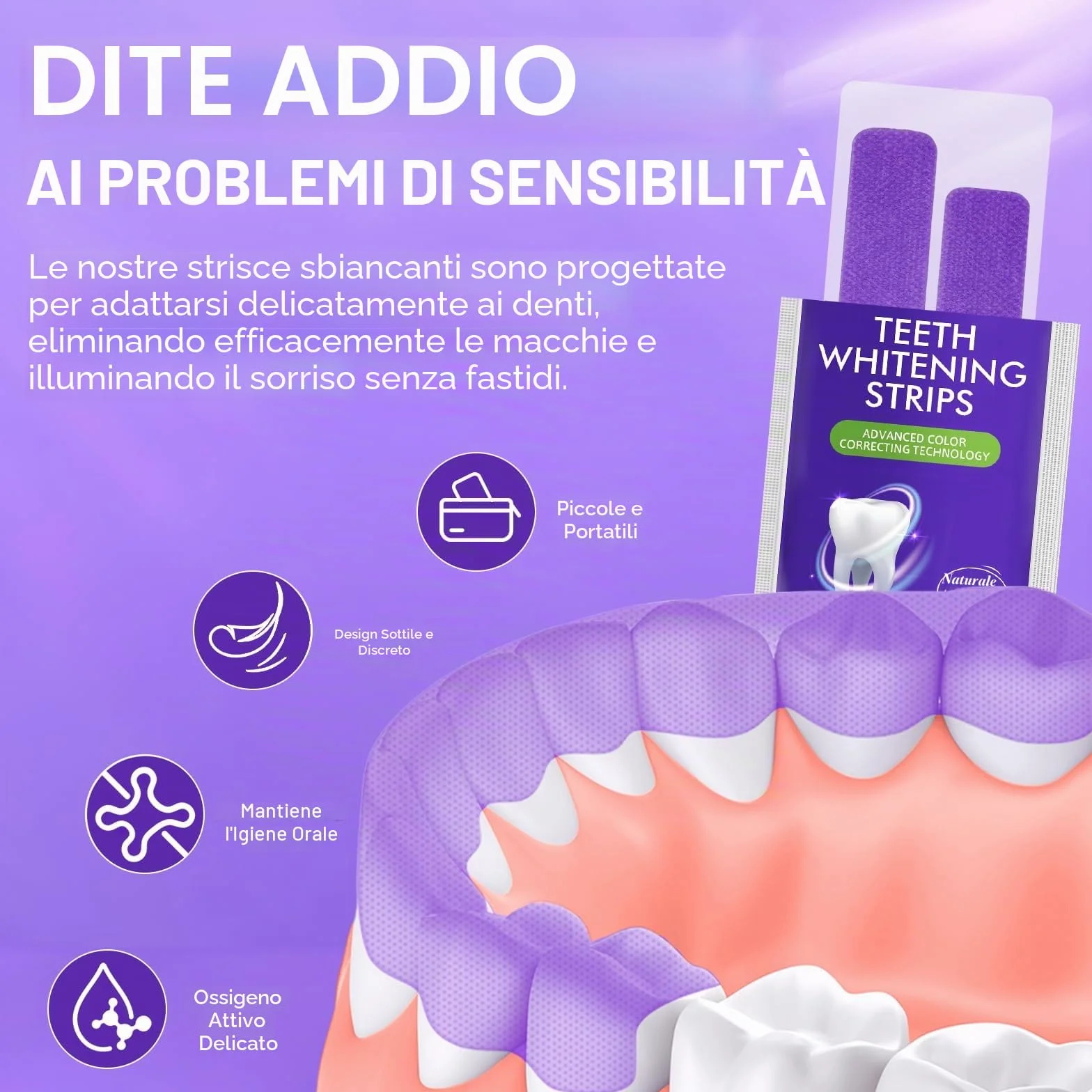 Strisce sbiancanti viola, confezione da 28 pezzi per sbiancamento dei denti per 14 trattamenti, risultati rapidi 30 minuti, formula resistente, sicuro e antiscivolo per tutti