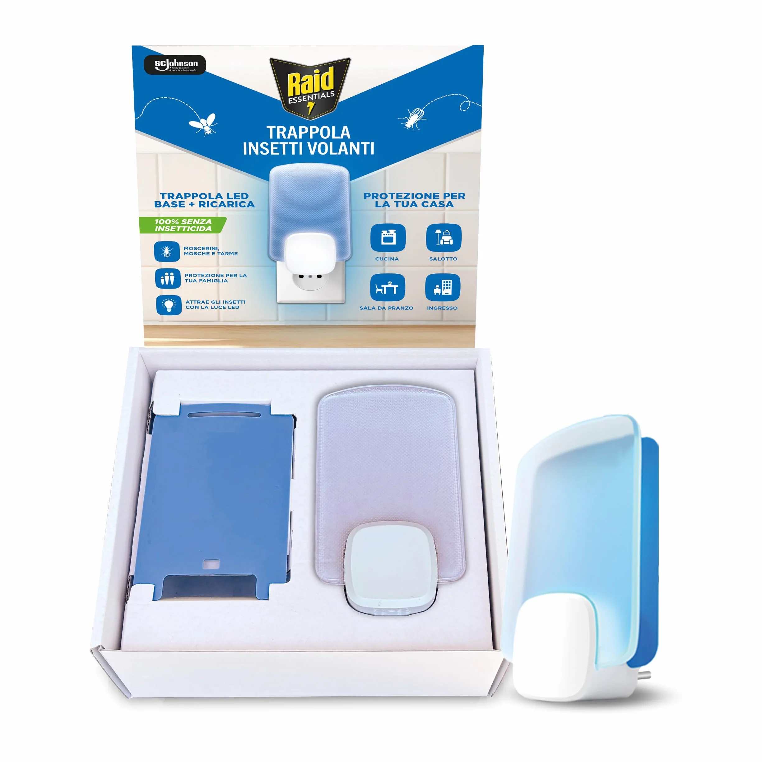 Raid Essentials Trappola Insetti Volanti Base Antimosche, Antimoscerini e Antitarme, Senza Insetticida, Protezione 24/7 dagli Insetti Volanti, per uso Interno, 1 Trappola e 1 Ricarica