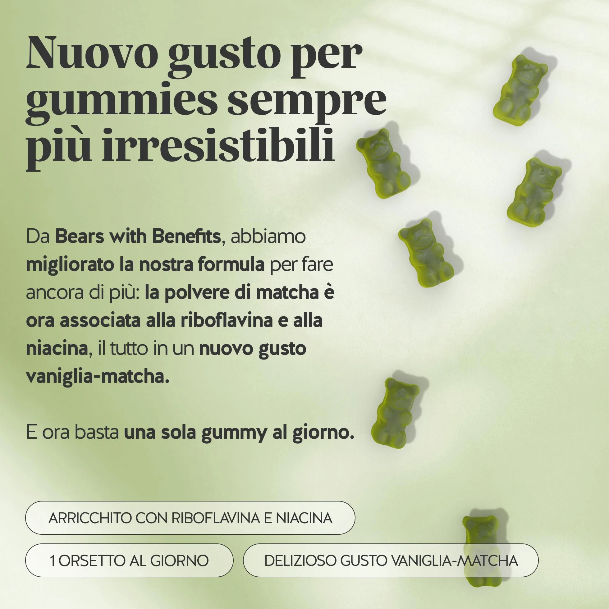 My Metabolic Matcha Vitamin Caramelle Gommose - Integratore Energizzante Naturale - Con Matcha, Vitamina B12, B2, Zinco, Niacina - 30 Pezzi (1 Mese) - Senza Zucchero, Vegano - Bears with Benefits