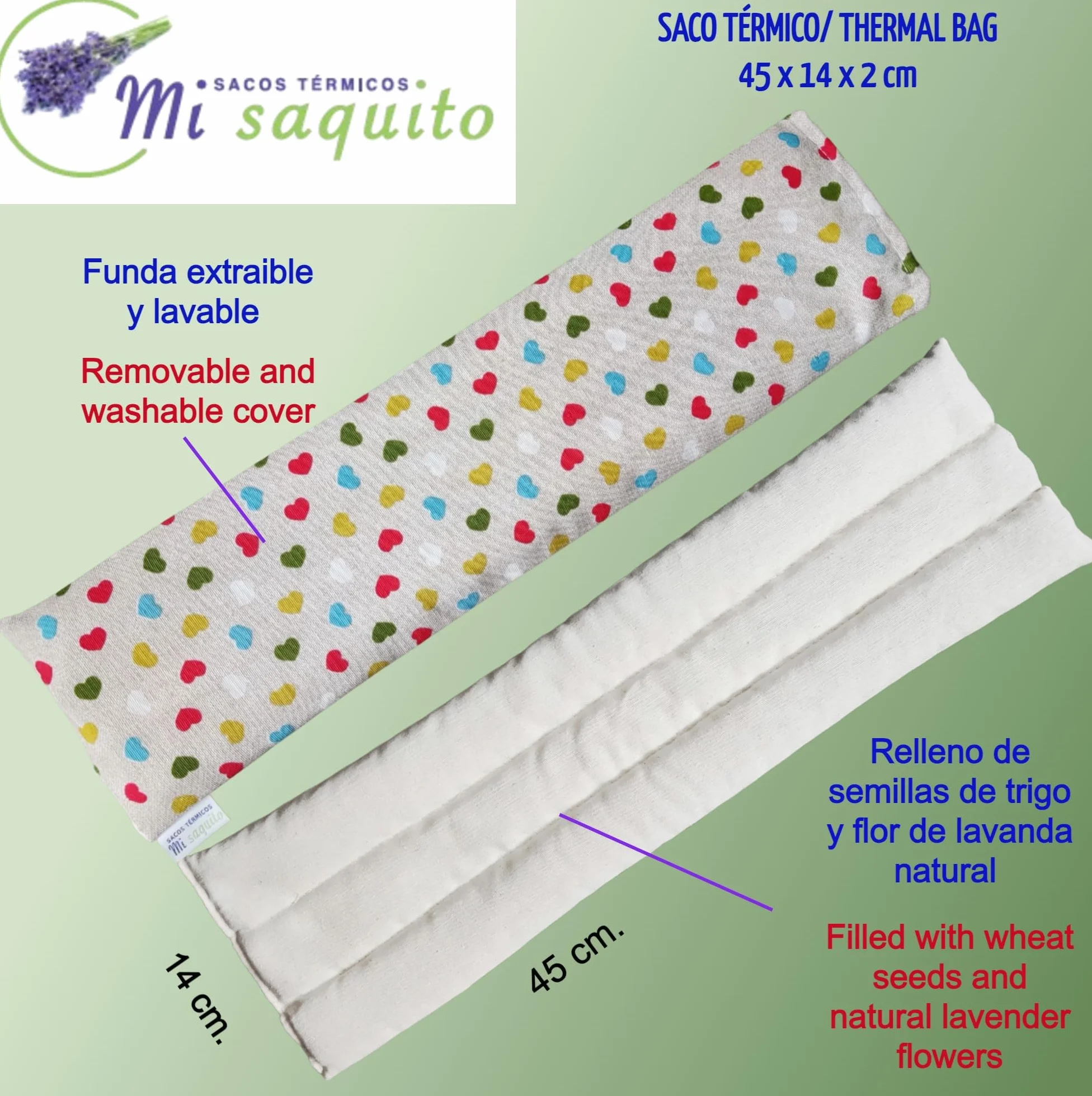 Sacco di semi per microonde 45 x 14 cm con custodia lavabile, sacchetto termico cervicale con lavanda, sacchetto termico e freddo–sacco termico cervicale