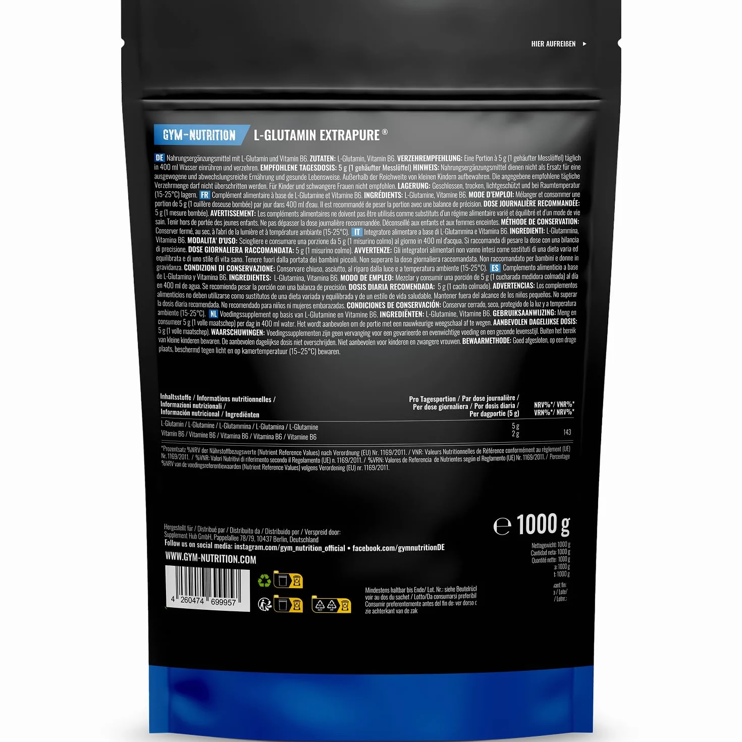 Glutammina in Polvere - 1 KG - 200 Porzioni - L-Glutammina Extra Pura con Vitamina B6 - Vegana e Prodotta in Germania - Glutamina Polvere