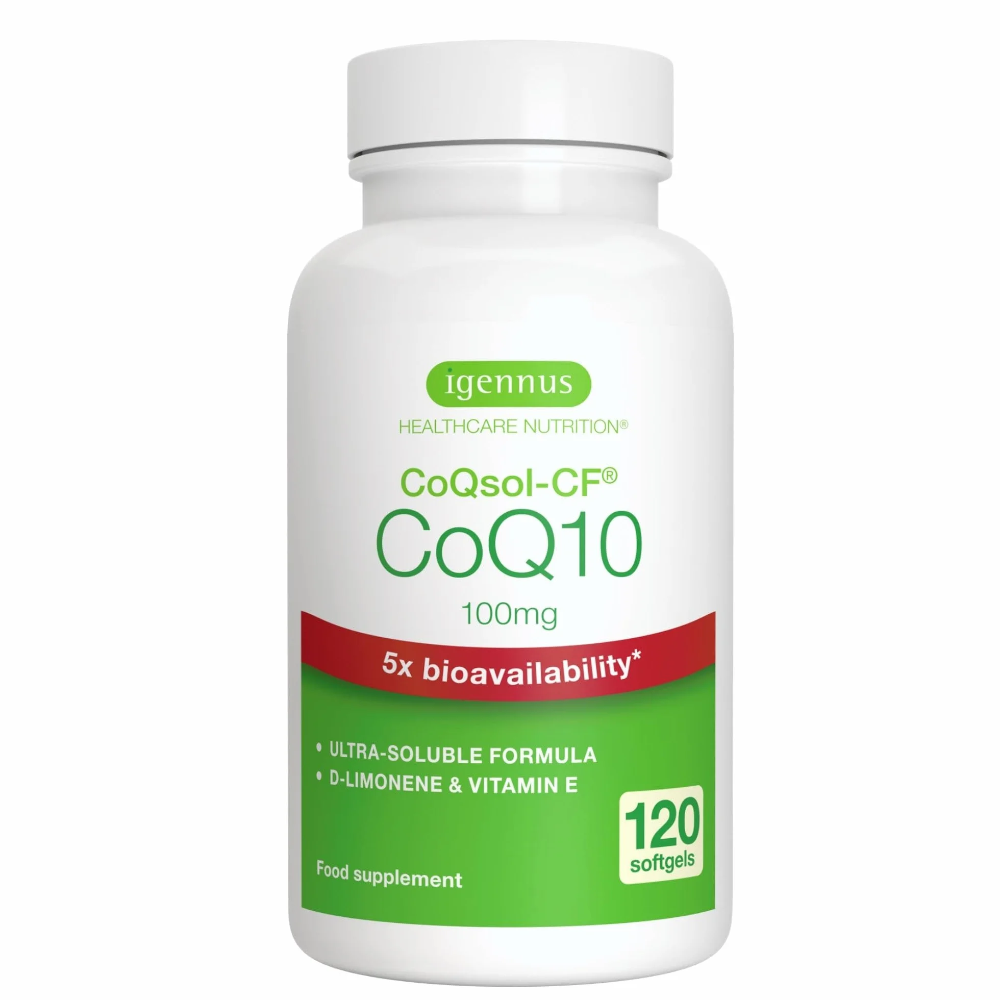 Igennus Integratore CoQ10, Coenzima Q10 100mg, 120 Softgels (4 mesi), Biodisponibilità 5x Superiore, Formula Ultra-Solubile CoQsol-CF, Ubichinone Potenziato con Vitamina E e D-Limonene, 1 al giorno