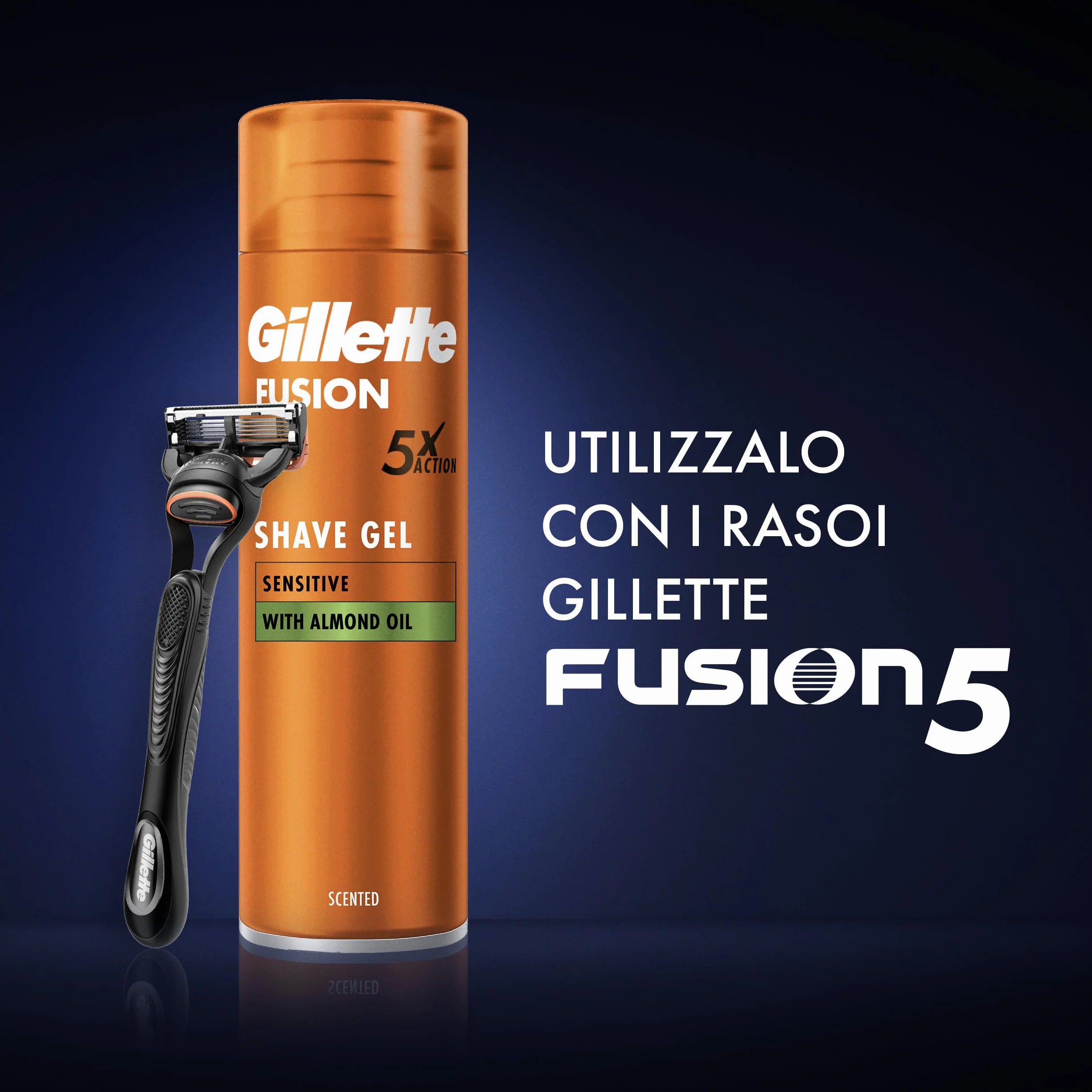 Gillette Fusion5 Rasoio Barba, 1 Rasoio Gillette + 1 Lametta di Ricambio, con Striscia Lubrificante per una Morbida Scorrevolezza e 5 Lame per una Rasatura Profonda e Duratura + Fusion Gel da Barba