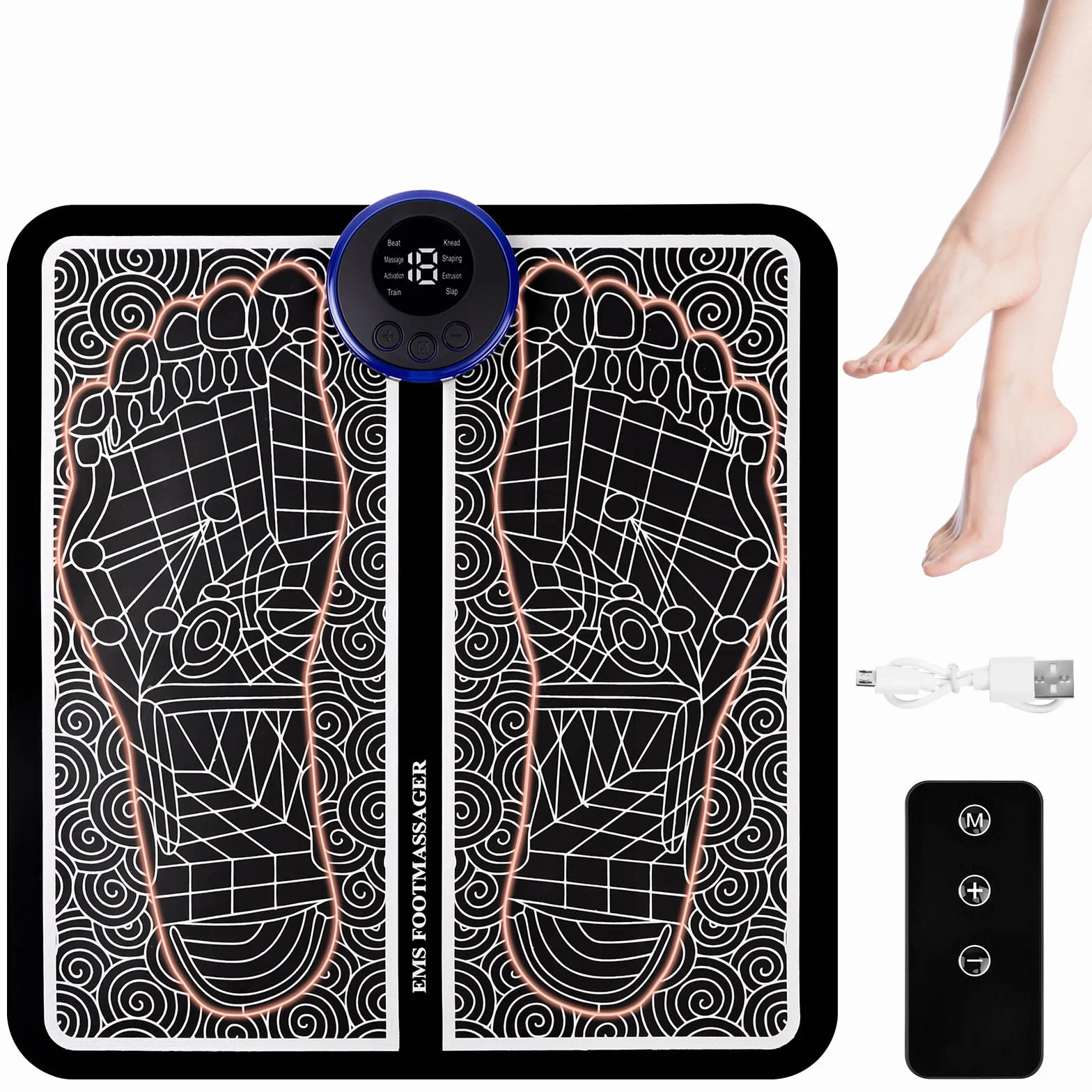 OSDUE Massaggiatore per Piedi,EMS Massaggiatore Elettrico Pieghevole e Portatile con telecomando,8 Modalità e 19 Intensità,per la Circolazione Sanguigna e il Sollievo dal Dolore Muscolare