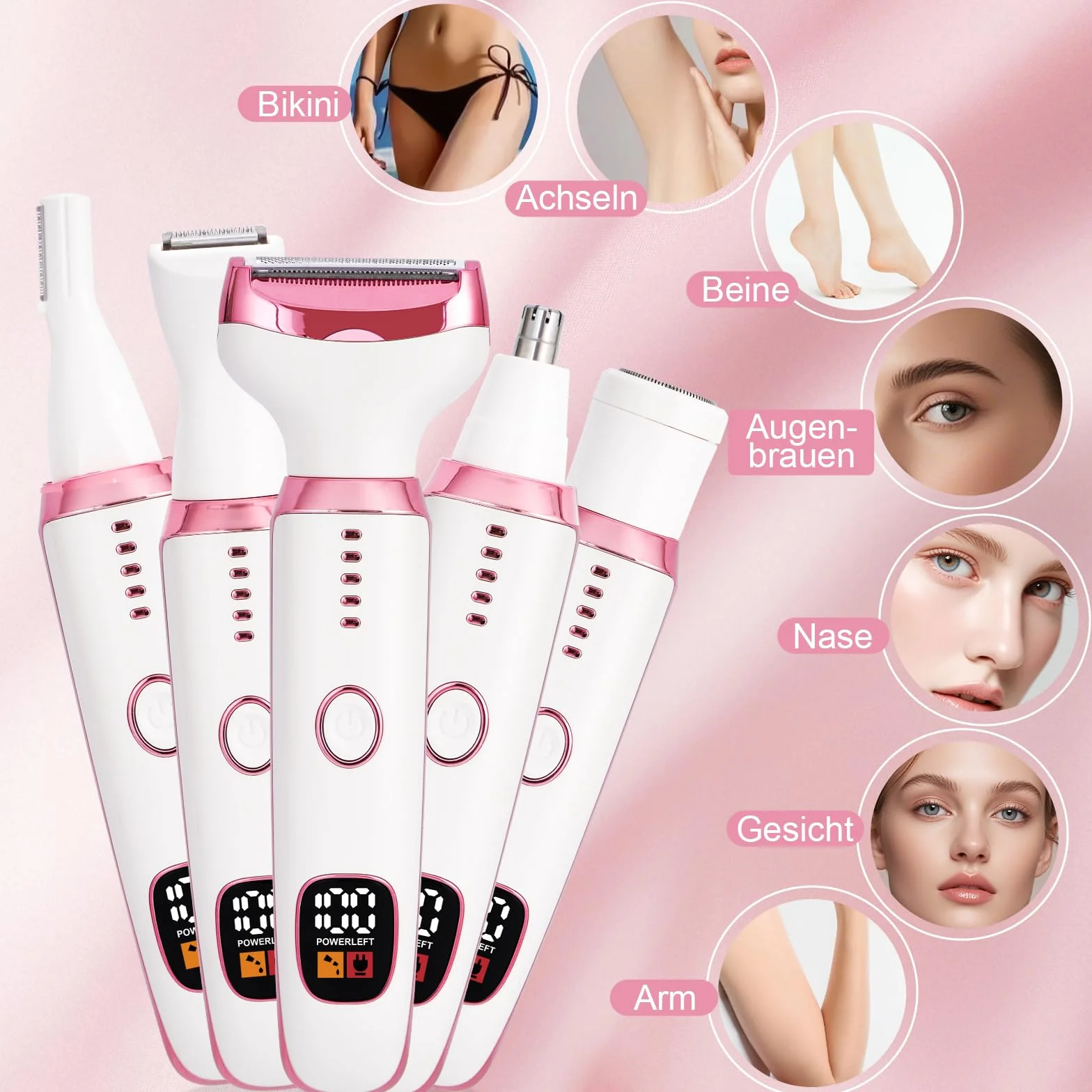Rasoio Elettrico per le Donne, Rasoio Elettrico 5-in-1 per il Corpo, Rasoio Secco Bagnato Indolore per Bikini, Ascelle, Gambe, Sopracciglia e naso, Ricarica USB