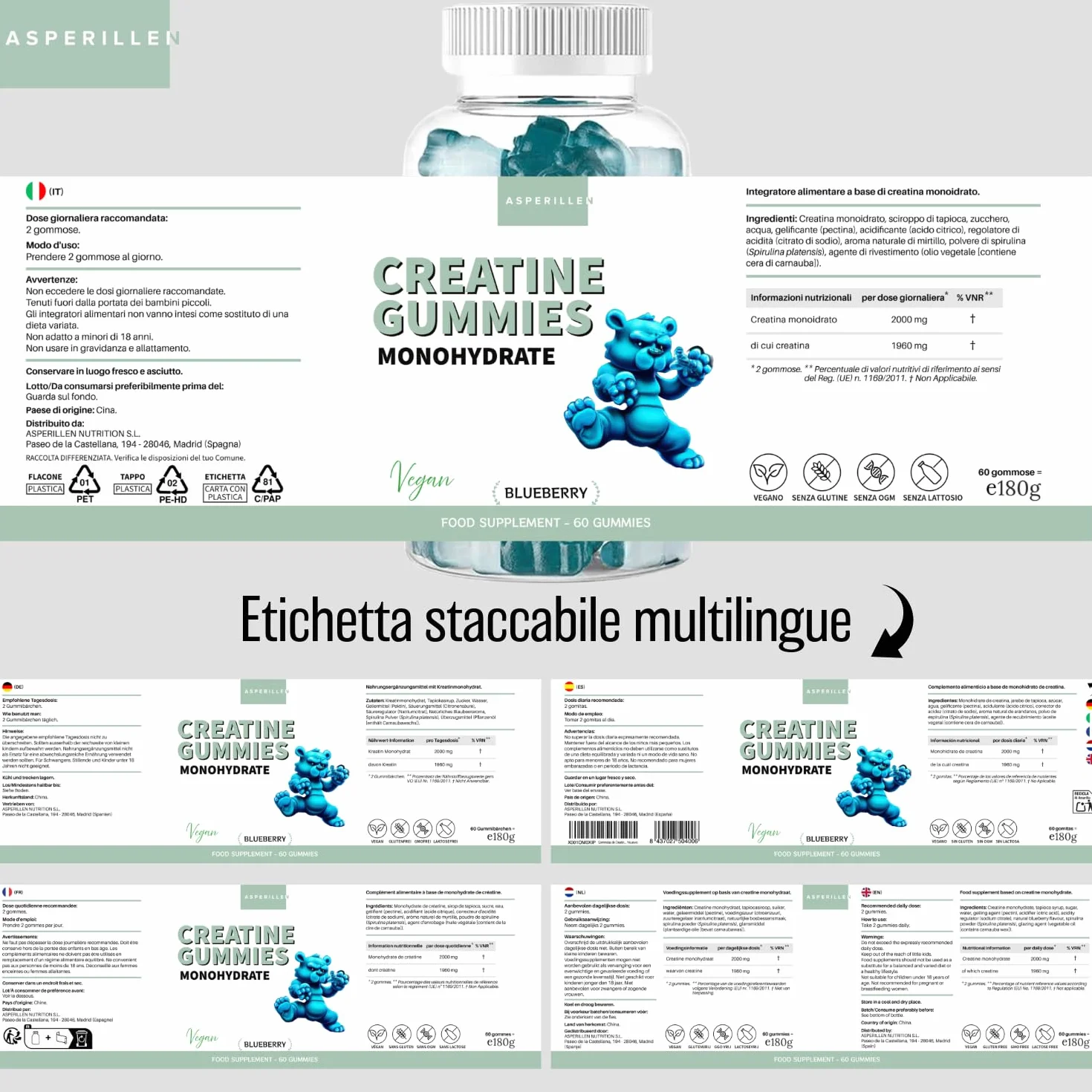 Creatina Monoidrata in Gommose Gusto Mirtillo - 100% Creatina Monoidrato per Prestazioni Fisiche e Potenza Muscolare - Vegano, Senza Glutine, Senza OGM, 60 Unità - Creatine Gummies