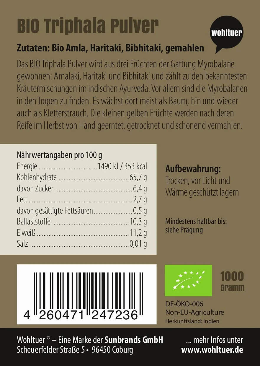 Polvere di Triphala biologica 1000 g – Contiene amla biologica, haritaki bio e bibithitaki macinato – ayurvedico