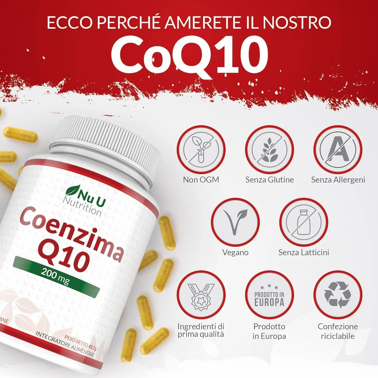 Coenzima Q10 200mg - 120 Capsule Vegane - 2 Mesi di Durata - 100mg di CoQ10 per Capsula - 100% Ubiquinone Puro Fermentato Naturalmente - Prodotto in Europa - Nu U Nutrition