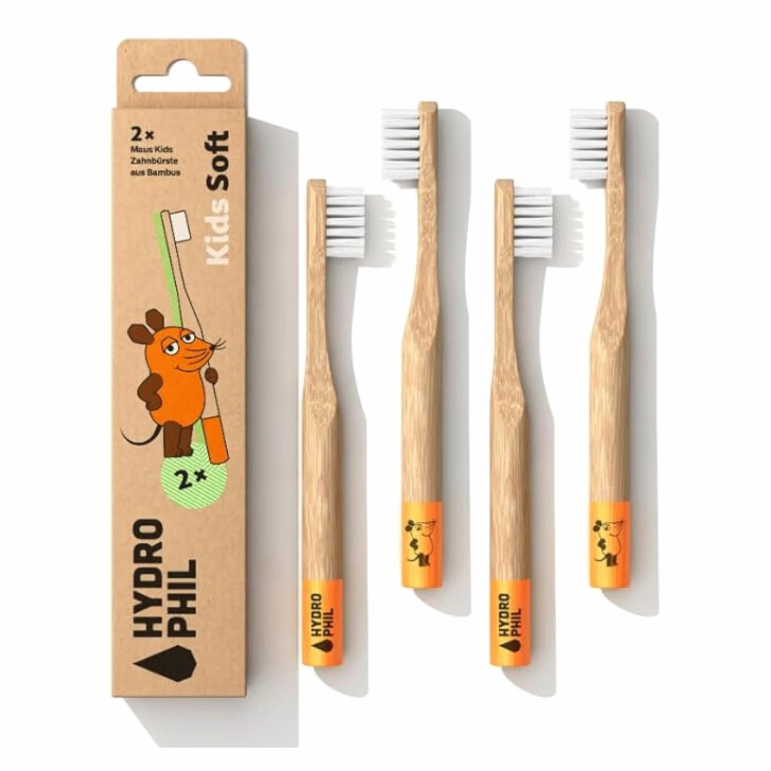 Hydrophil 4 x Spazzolino da denti per bambini extra morbido in bambù, con il mouse di "Sendung mit der Mouse", in bambù per bambini, manico rotondo, spazzolino da denti per bambini dai 3 anni in su,