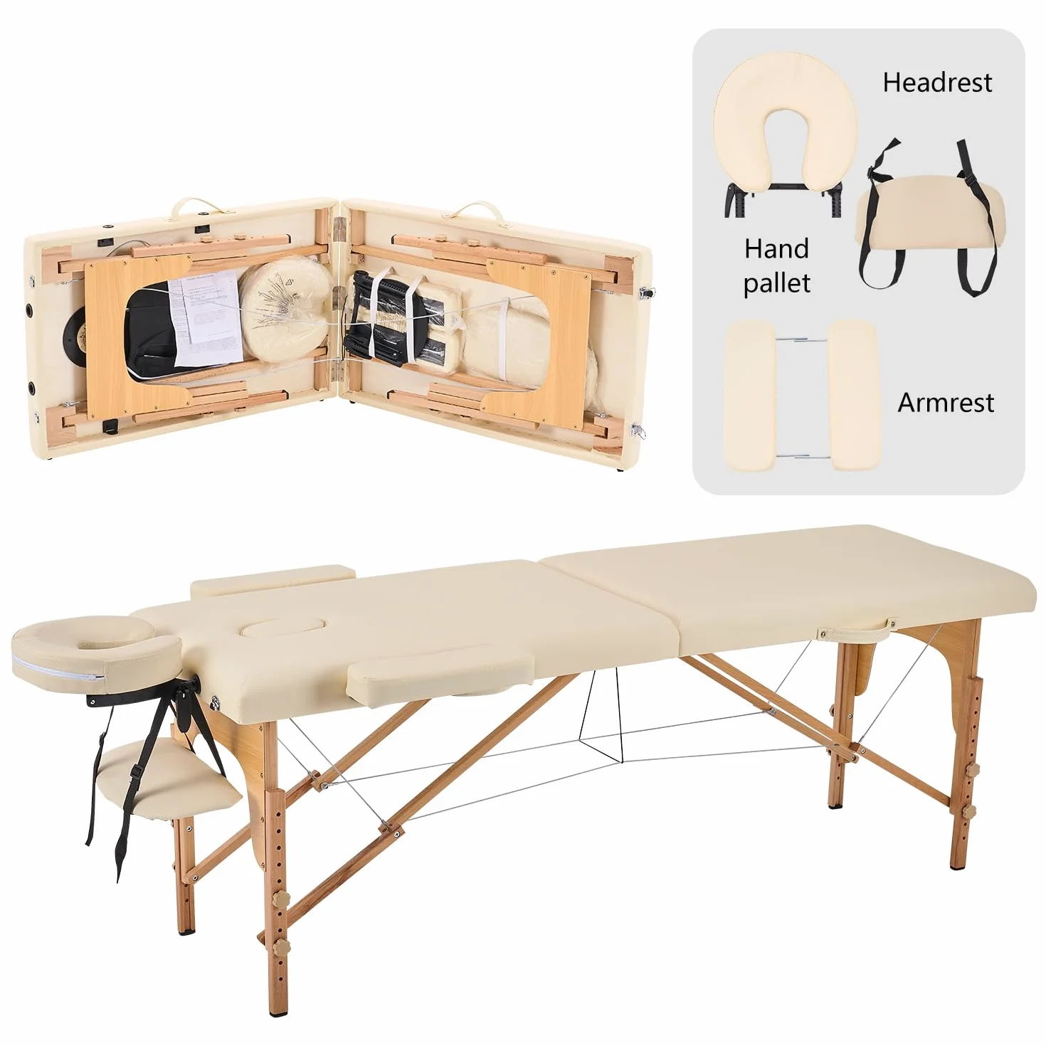 YOUNIKE Lettino Massaggio Portatile Pieghevole 186x60 cm Legno Faggio 2 Zone 250 kg Altezza Regolabile Poggiatesta Braccioli Rimovibili Beige