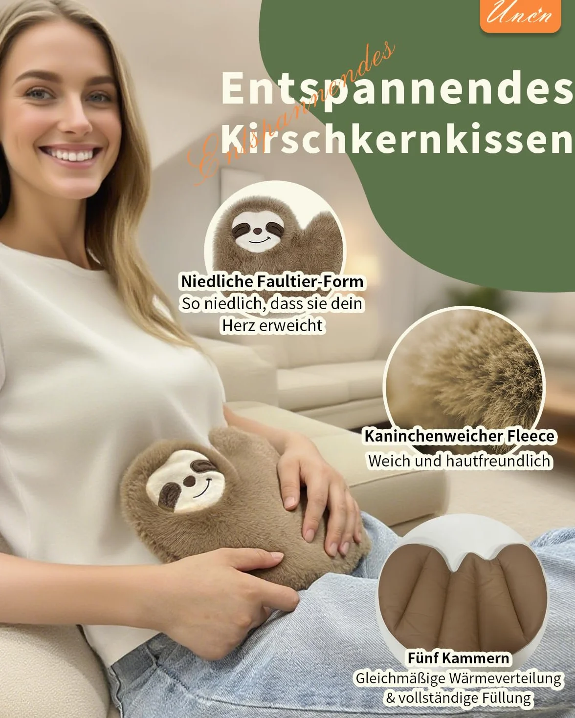 uncn Sloth - Cuscino termico con grani, 660 g, per forno a microonde, per terapia termica umida, grande cuscino per microonde con rivestimento lavabile