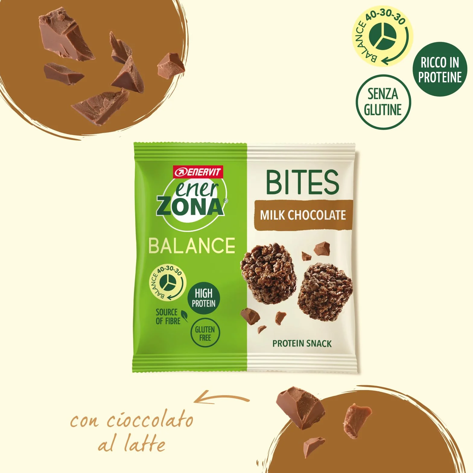 Enervit, Bites con Cioccolato al Latte, 5 Minipack da 24 Grammi, Porzioni Monodose, per Mantenere il Tono Muscolare, con Proteine della Soia e Fibre, 100% Vegetale, Senza Glutine e Olio di Palma