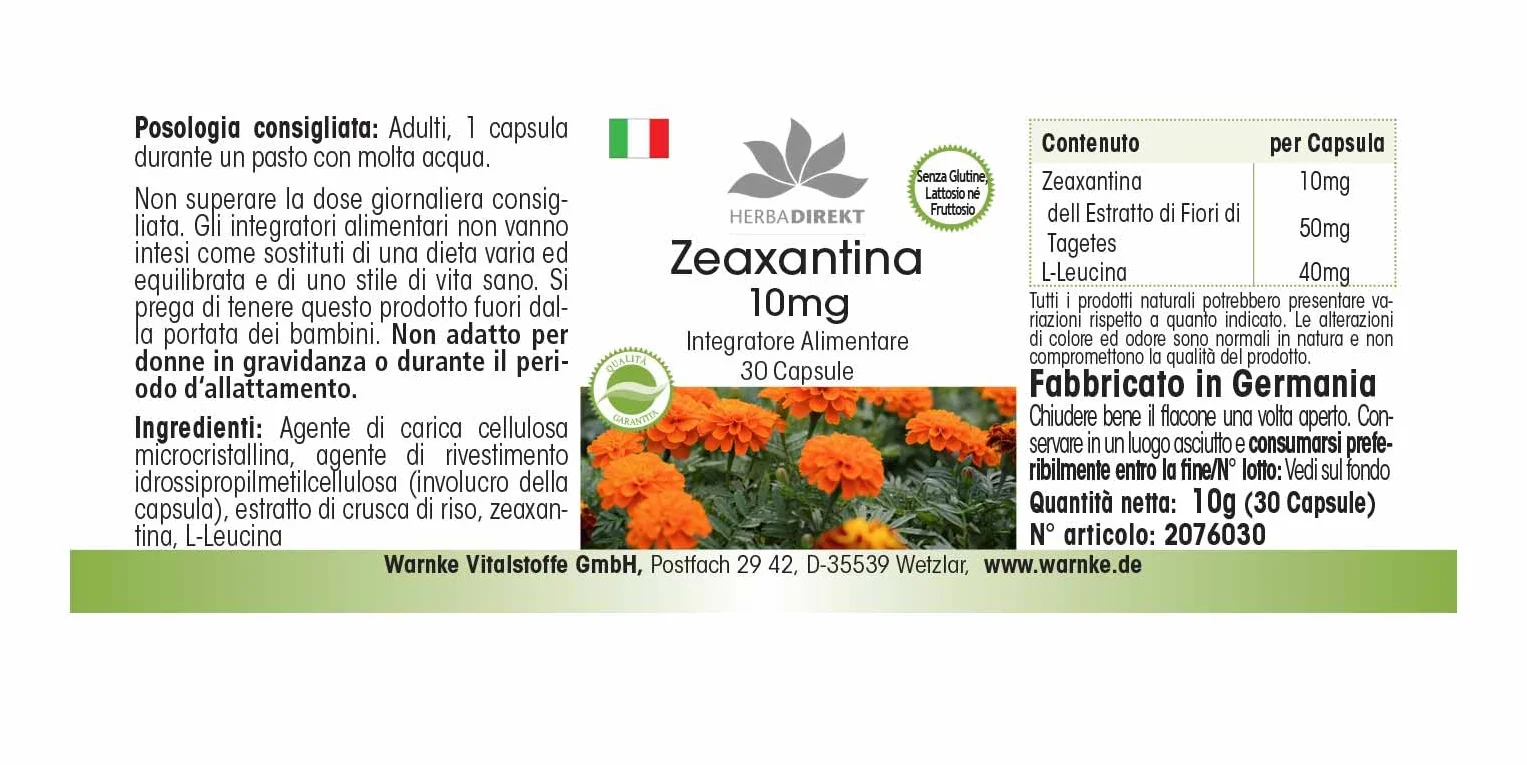 Zeaxantina 10mg 30 capsule Vegan HERBADIREKT by Warnke Vitalstoffe