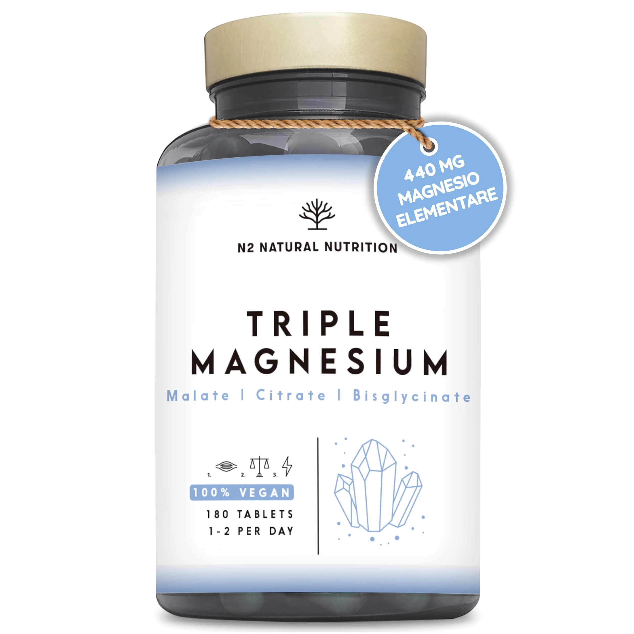 Triple Magnesio 2640 mg. Integratore Magnesio Bisglicinato + Magnesio Citrato + Magnesio Malato - Riposo, Energia, Ossa e Muscoli - Antistress - 440mg Elementare - 180 Compresse - N2 Natural Nutrition