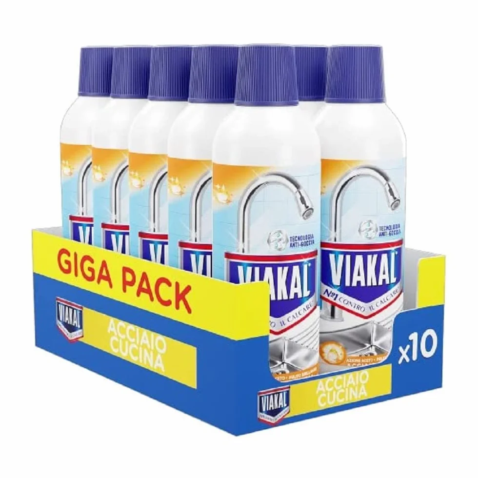 Viakal Anticalcare Detersivo Liquido Acciaio Cucina, 10 x 470 ml, Rimozione Calcare 100%