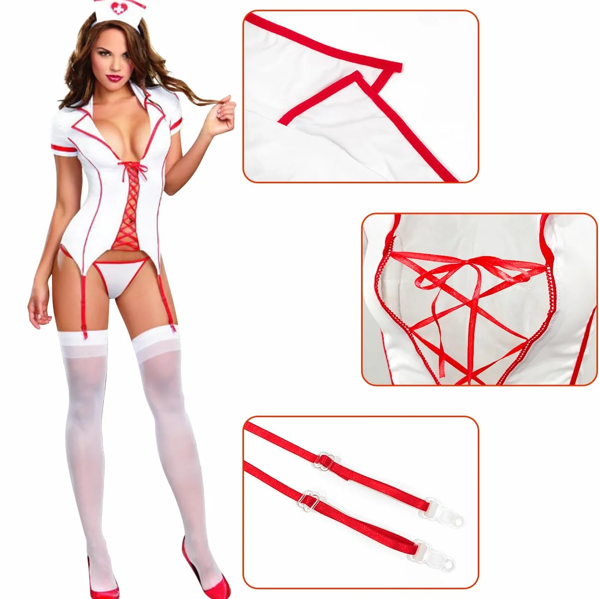 Set Lingerie Sexy Infermiera Cosplay, Babydoll Biancheria Notte, Mini Vestito Costume San Valentino