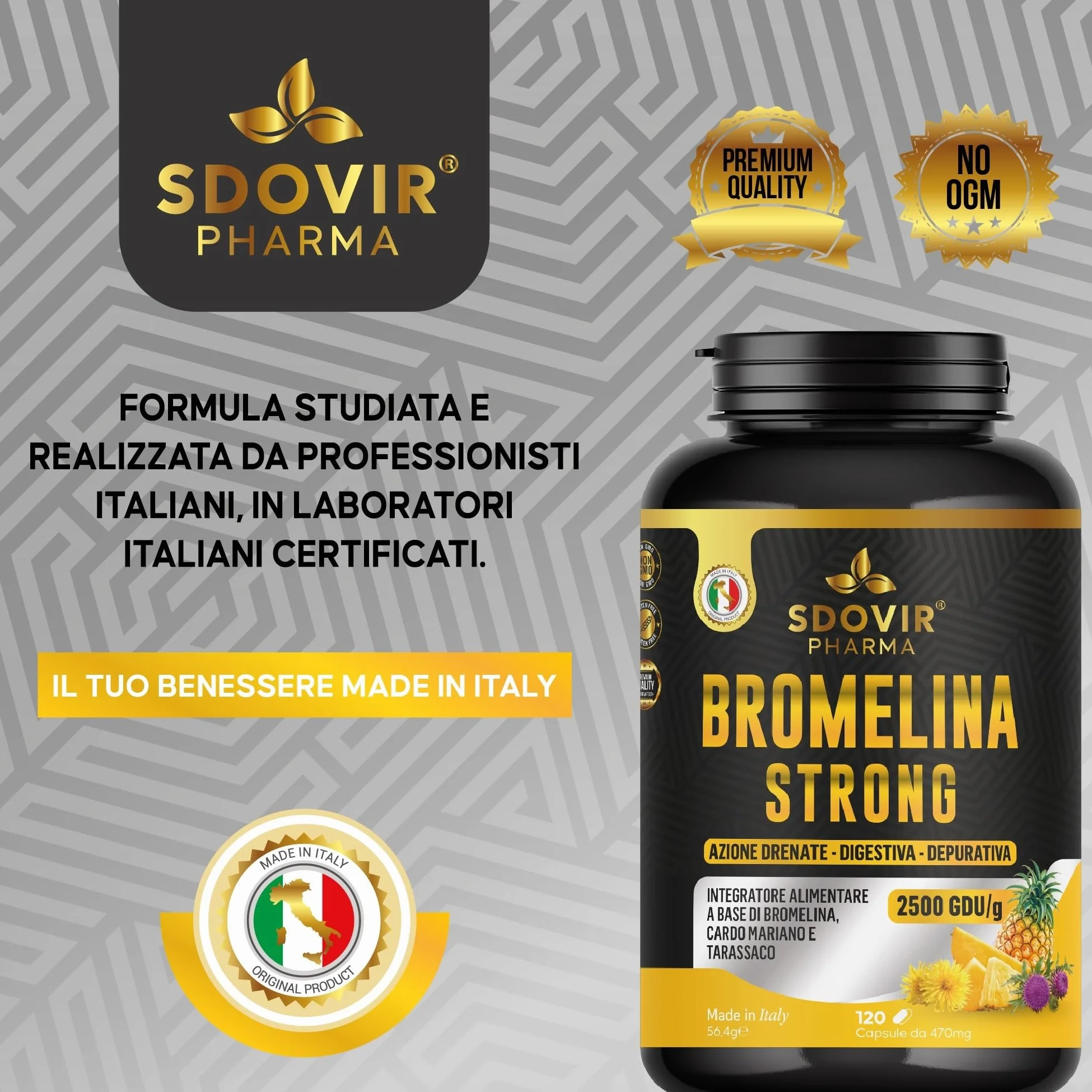 Bromelina Forte Drenante 2500 GDU/g 120 Capsule Anticellulite Detox Fegato