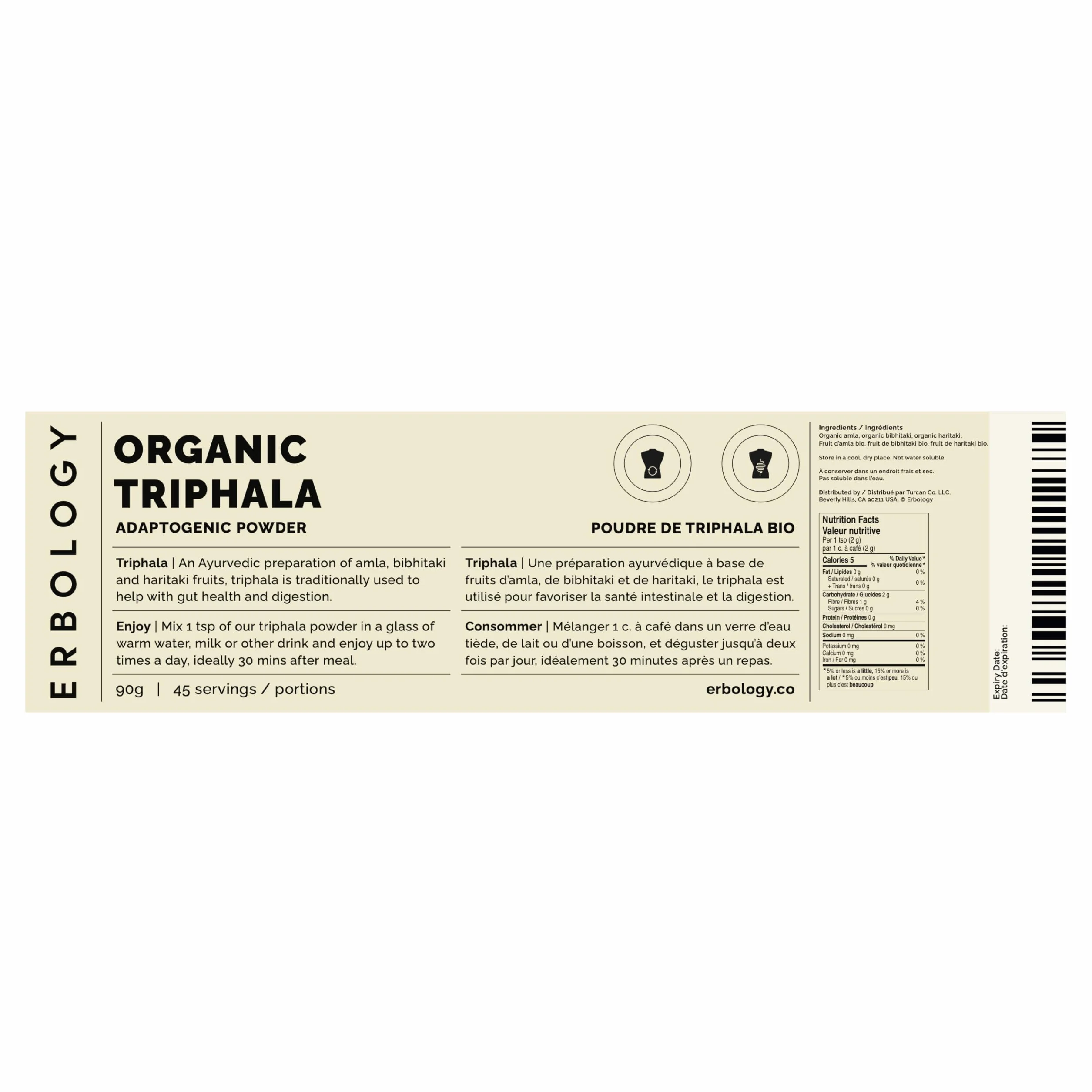 Erbology Triphala in Polvere Bio 90g - 45 Porzioni - Miscela Ayurvedica di Amla, Haritaki e Bibhitaki - Salute Intestinale - Direttamente dalla Fattoria in India - Piccoli Lotti - Vegana - Senza OGM