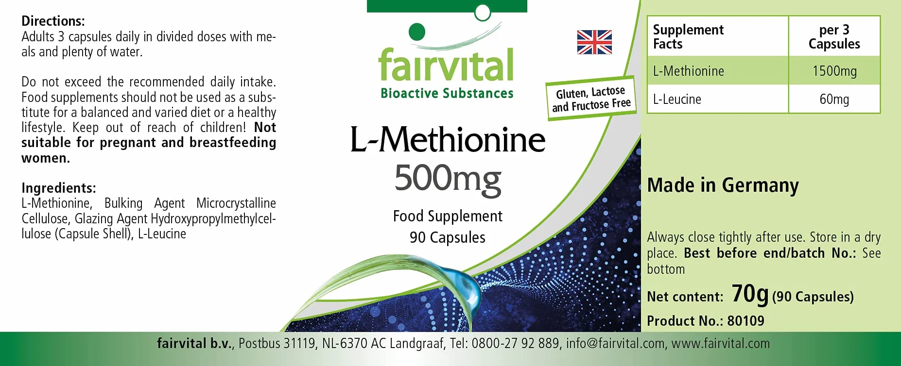 fairvital L-metionina 500 mg, 90 capsule, ALTO DOSAGGIO, VEGANO, aminoacido