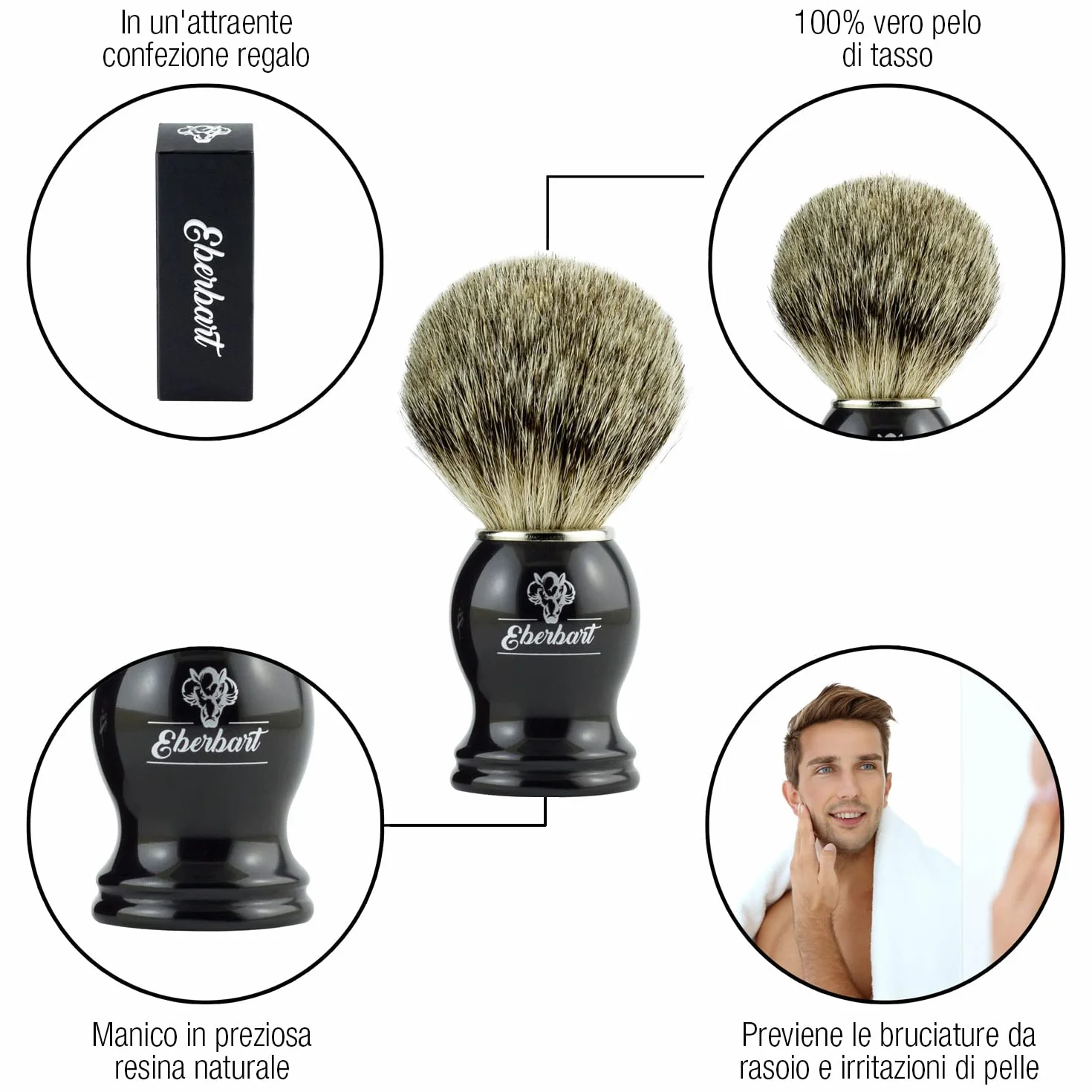 Pennello barba in tasso (incl. EBook Gratuito) – Pennello da Barba Professionale di alta qualità in pelo di vero tasso con confezione regalo - per una rasatura delicata e profonda