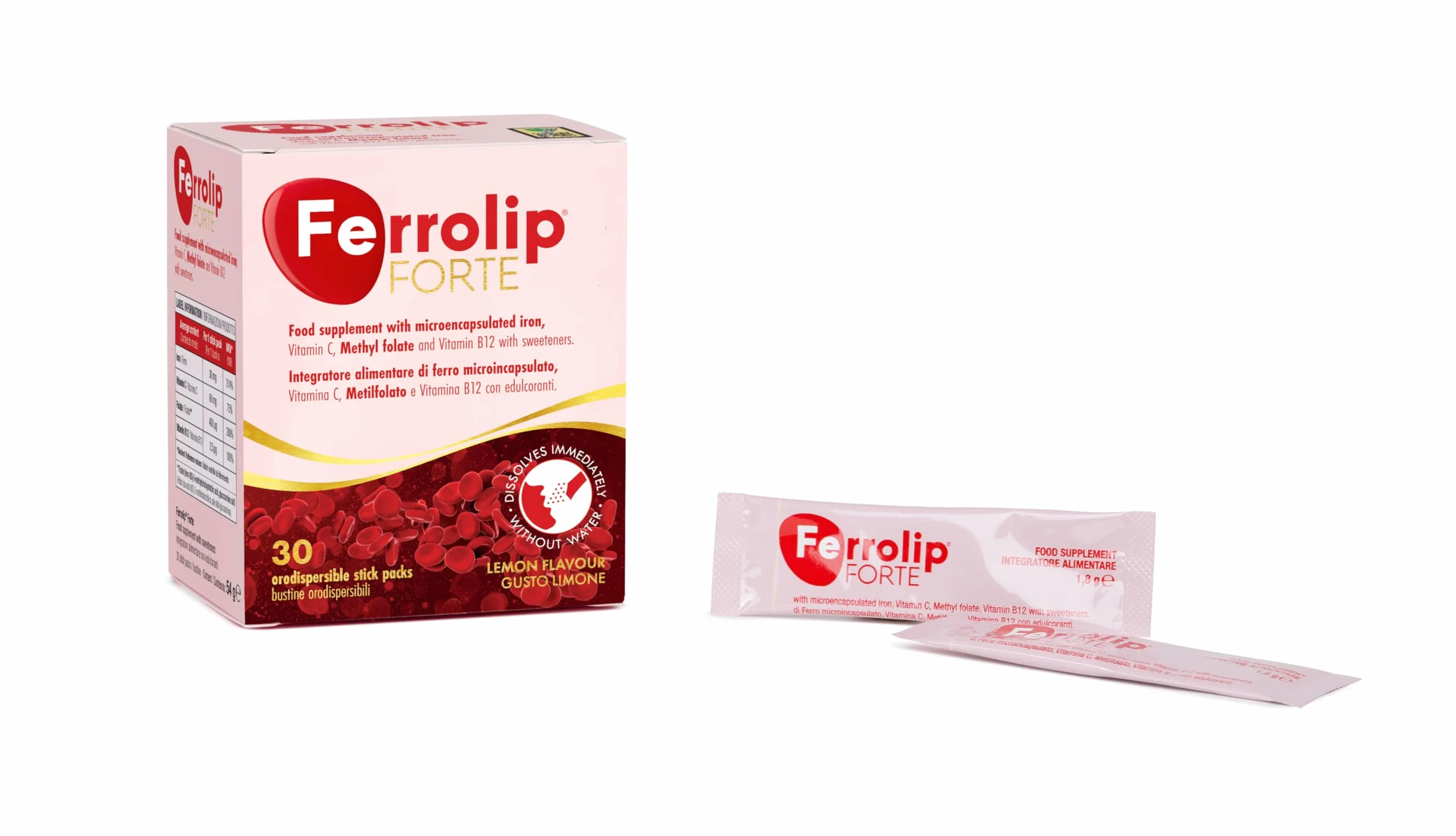 Ferrolip Forte Integratore Ferro e Acido Folico (30 Bustine Orosolubili al Limone) - Senza Fastidi Gastrointestinali - Privo di Sapore Metallico - Con Vitamina C e B12