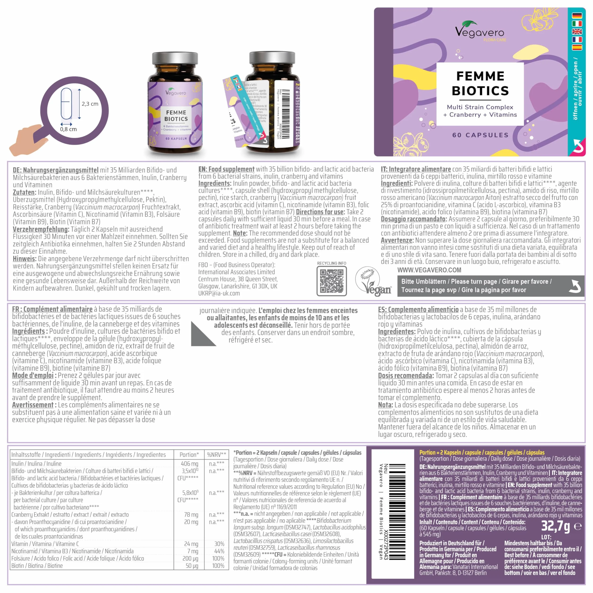 Probiotici Donna | 35 Miliardi UFC/giorno da 6 Ceppi Batterici | con Mirtillo Rosso, Vitamine, Lattobacilli e Bifidobatteri | per Flora Intima e Vie Urinarie | 60 capsule | Vegan | Vegavero
