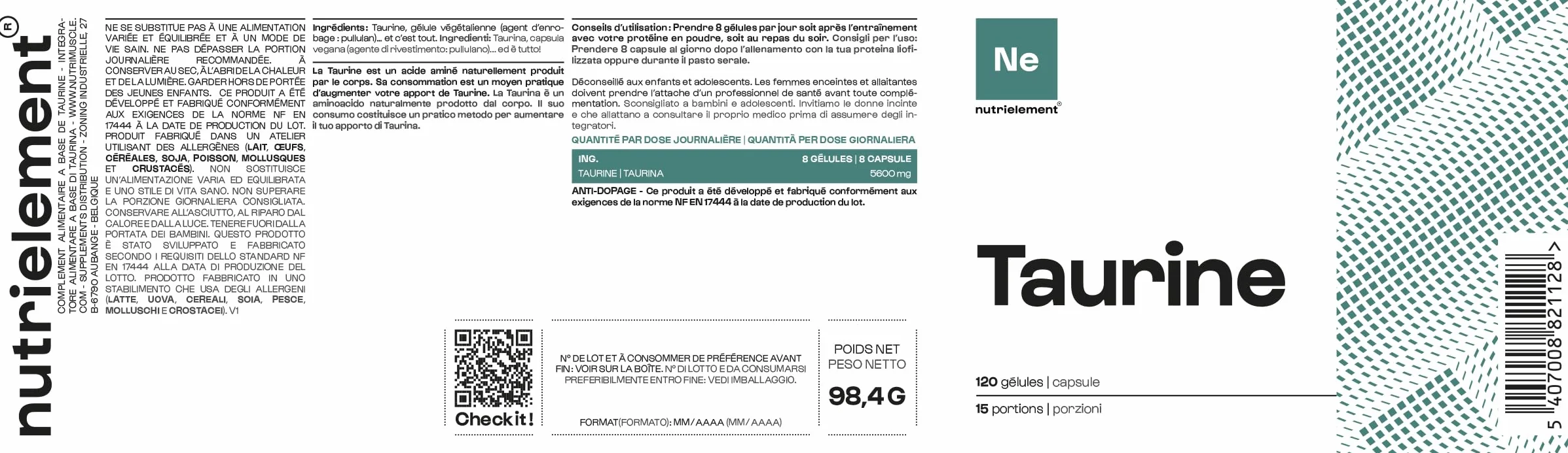 Taurina pura al 100% | Prestazioni atletiche - Miglioramento del sonno - Taurina vegetale - Non OGM - Benessere e Sport | Nutrimuscle | 120 capsule
