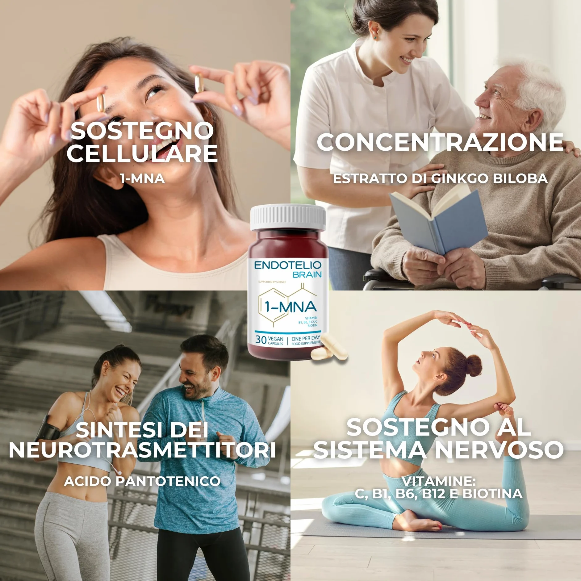 1-MNA Brain, Integratore Anti-Età, Ottimizza Naturalmente NAD+ con Ginkgo Biloba, Zinco, Biotina, Vitamine C, B1, B5, B6, B12, Salute Cellulare, Memoria, Concentrazione, 30 Compresse