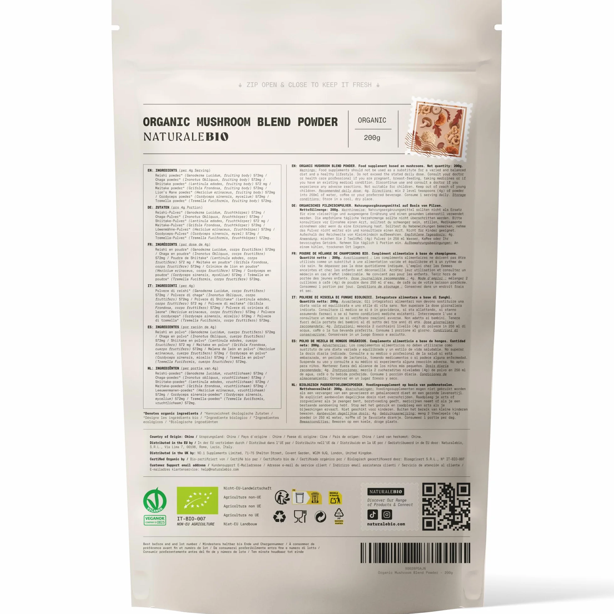 NaturaleBio Miscela di funghi in polvere 200g. Aumenta l'energia, favorisce la concentrazione, supporta l'intestino e il sistema immunitario. Bio, vegano, senza glutine e non OGM. Facile da consumare.