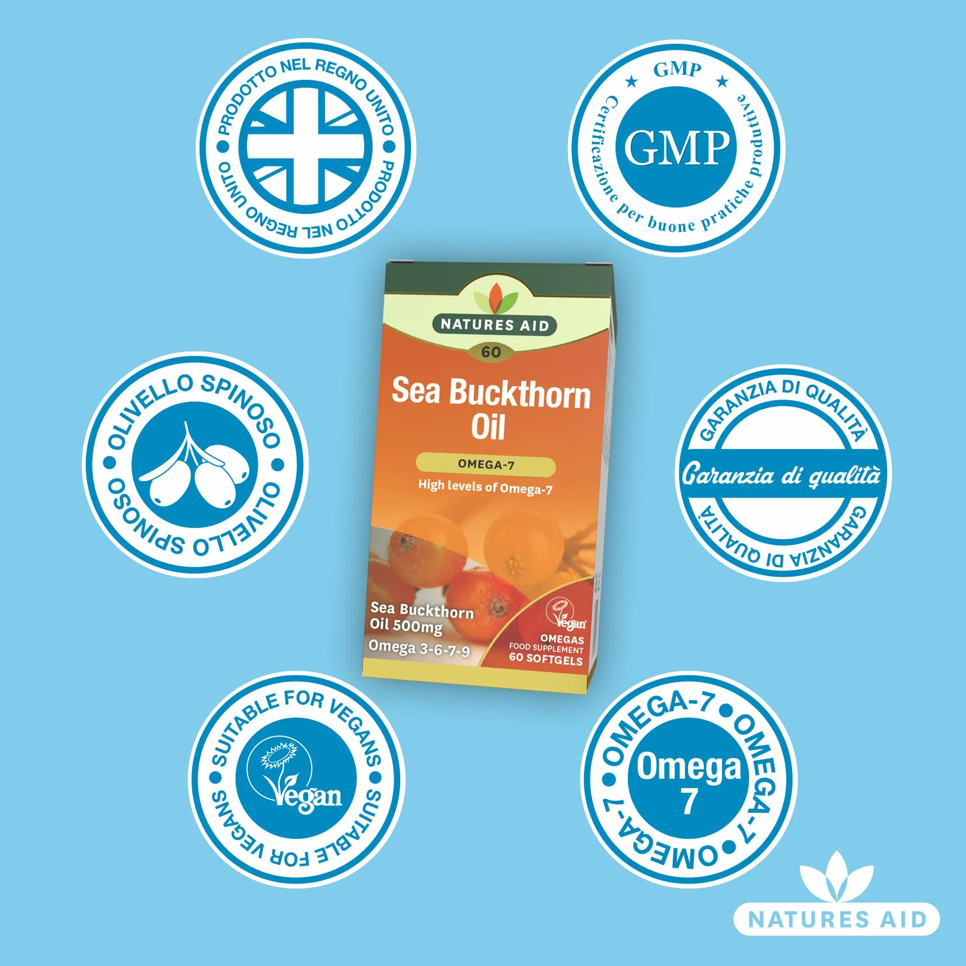 Natures Aid Omega-7 Sea Buckthorn Oil 500mg 60 Vegetarian Softgels