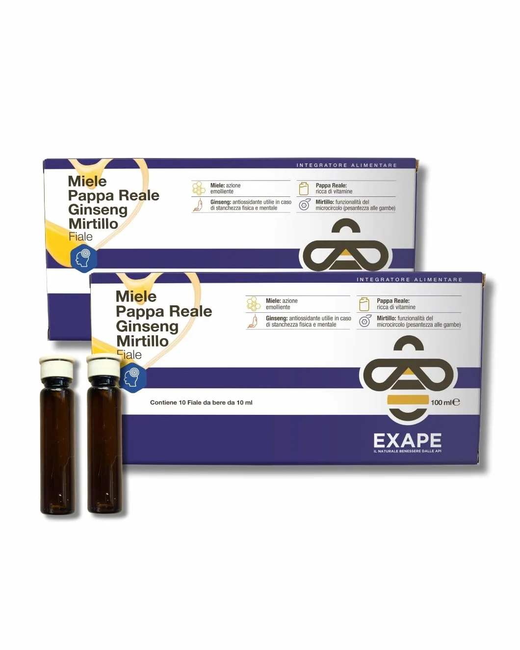 EXAPE Pappa Reale Fresca Tonico Naturale Integratore Energetico con Miele 50% e Ginseng 10 Flaconcini da 10ml 2 Confezioni