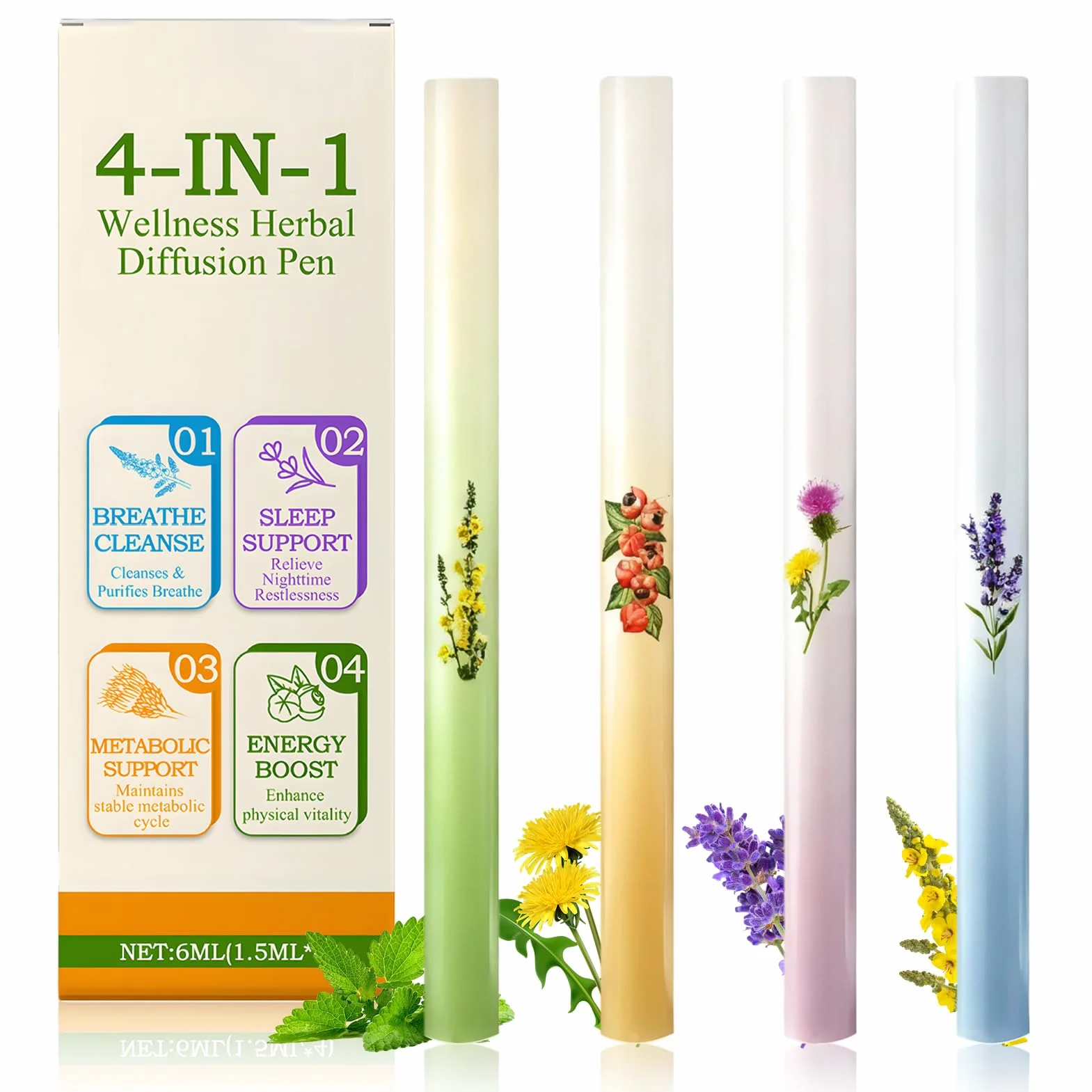4 PCS Diffusore di Erbe Aromatiche, Herbal Diffuser Pen, Formula con Estratti Vegetali Multipli, Design Portatile, Aumenta l'energia, Rinfrescante e Rinvigorente