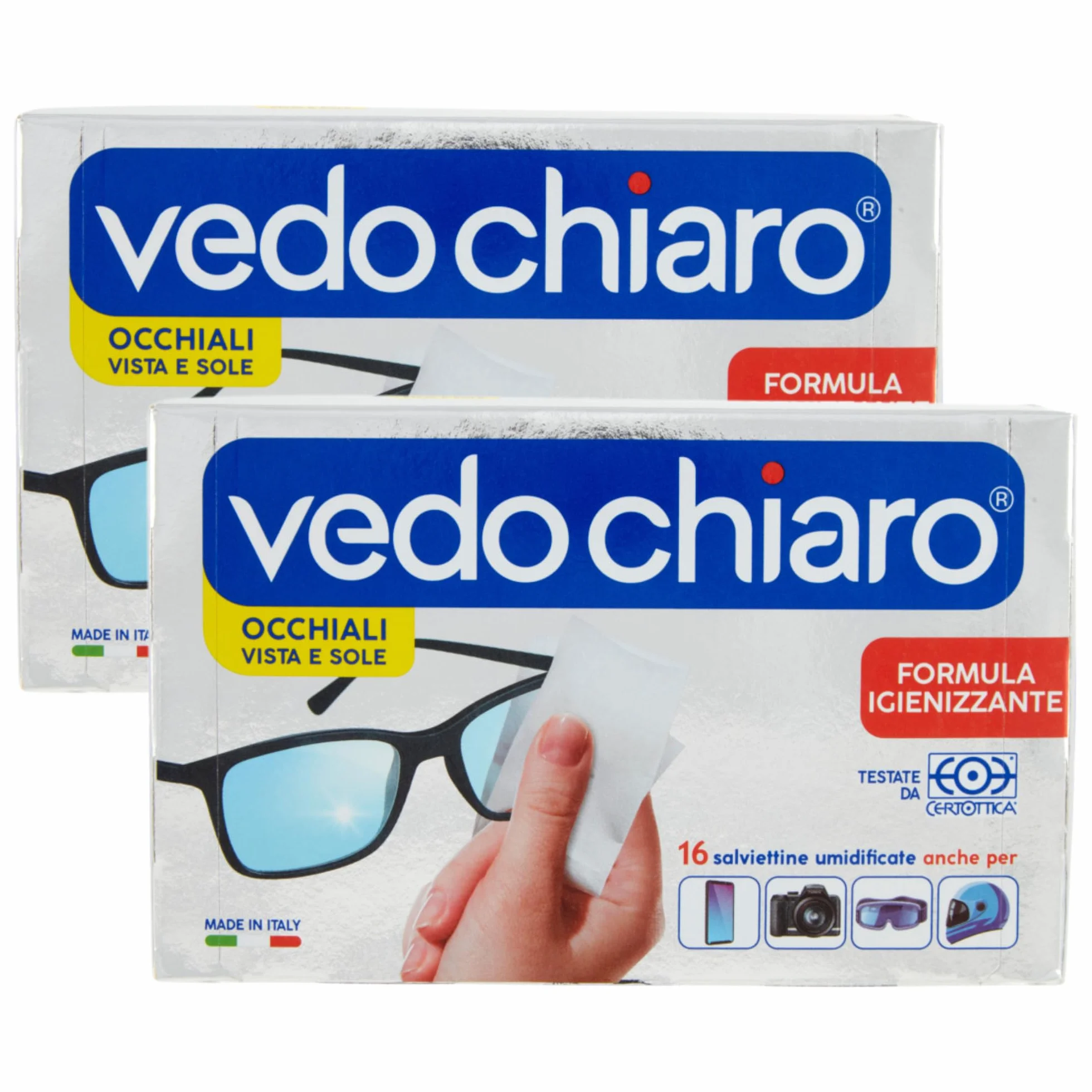 Vedo Chiaro 16 Salviettine Umidificate Monouso Studiate per la Pulizia delle Lenti degli Occhiali, da Vista e da Sole, degli Smartphone, dei Tablet e PC Portatili etc (2 CF da 16)