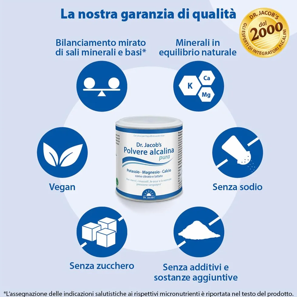 Polvere Alcalina Pura del Dr. Jacob, Barattolo da 200 g I Potassio, Magnesio, Calcio, Zinco come Citrato e Lattato I Equilibrio Minerale e Alcalino Mirato* I 36 Porzioni