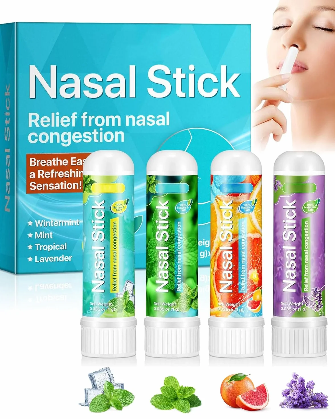 4 Pack Nasal Stick, Inalatore Nasale per Rapido Sollievo dal Naso Chiuso, Migliora la Respirazione e la Concentrazione con Oli Essenziali e Mentolo, Ideale per Studio, Lavoro e Viaggi