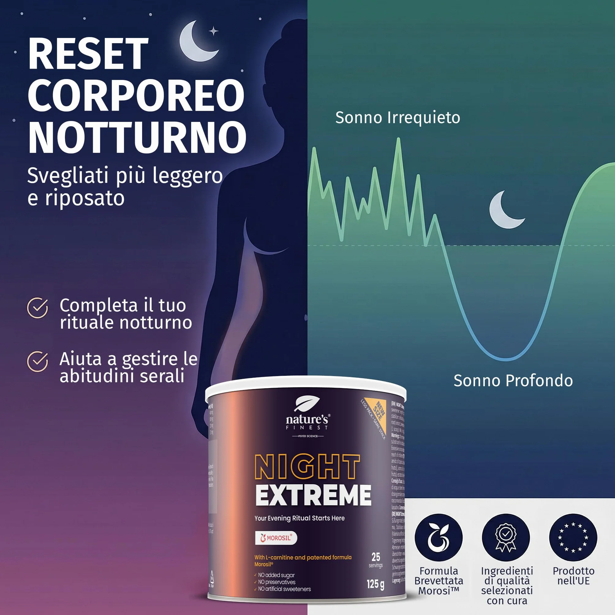 Nature's Finest Night Burn Extreme Bevanda Serale in Polvere 125g Arancia Rossa Morosil Valeriana Vite Rosso Vegana Senza Glutine