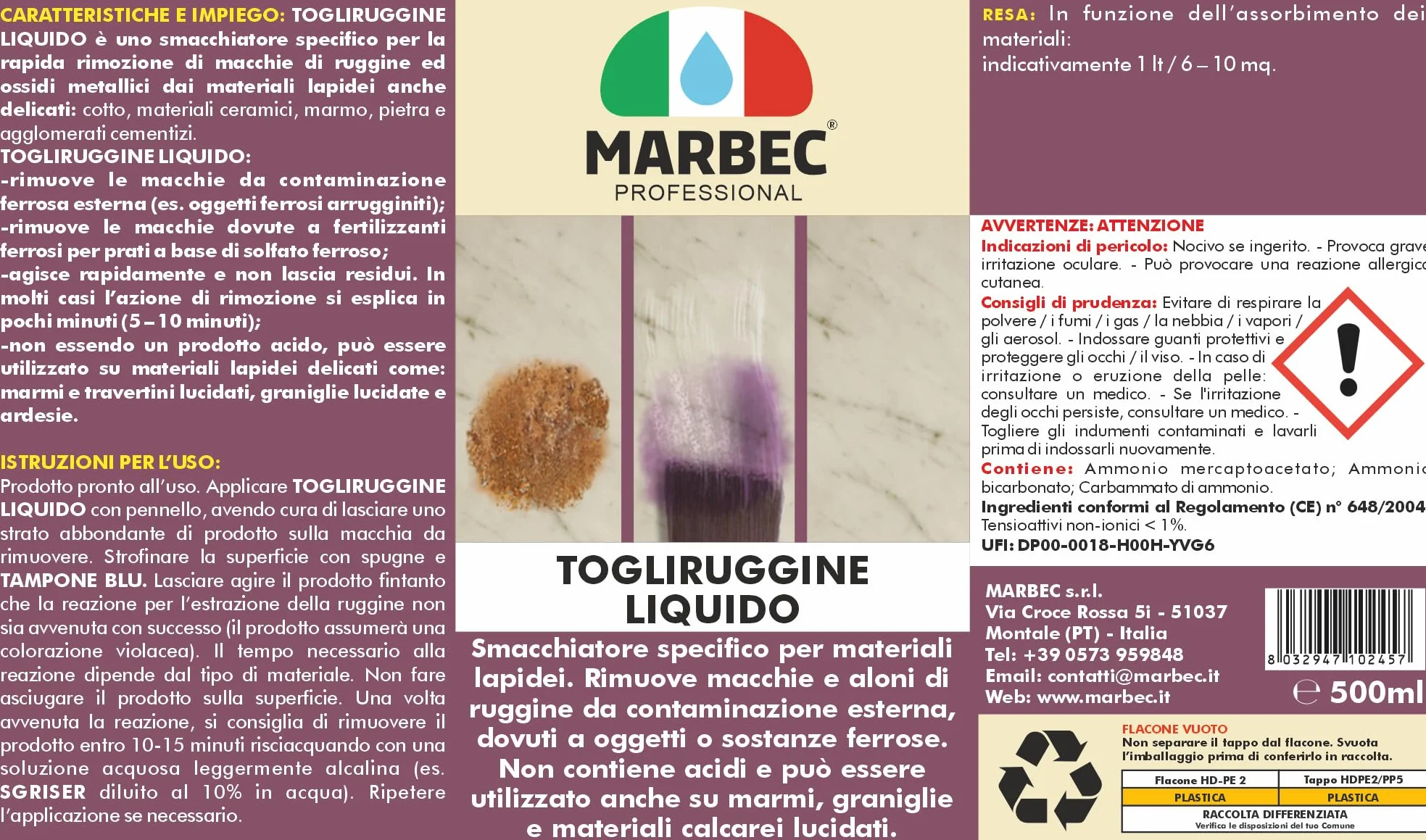 MARBEC Togliruggine Liquido 500ML Smacchiatore per Ruggine e Ossidi Metallici
