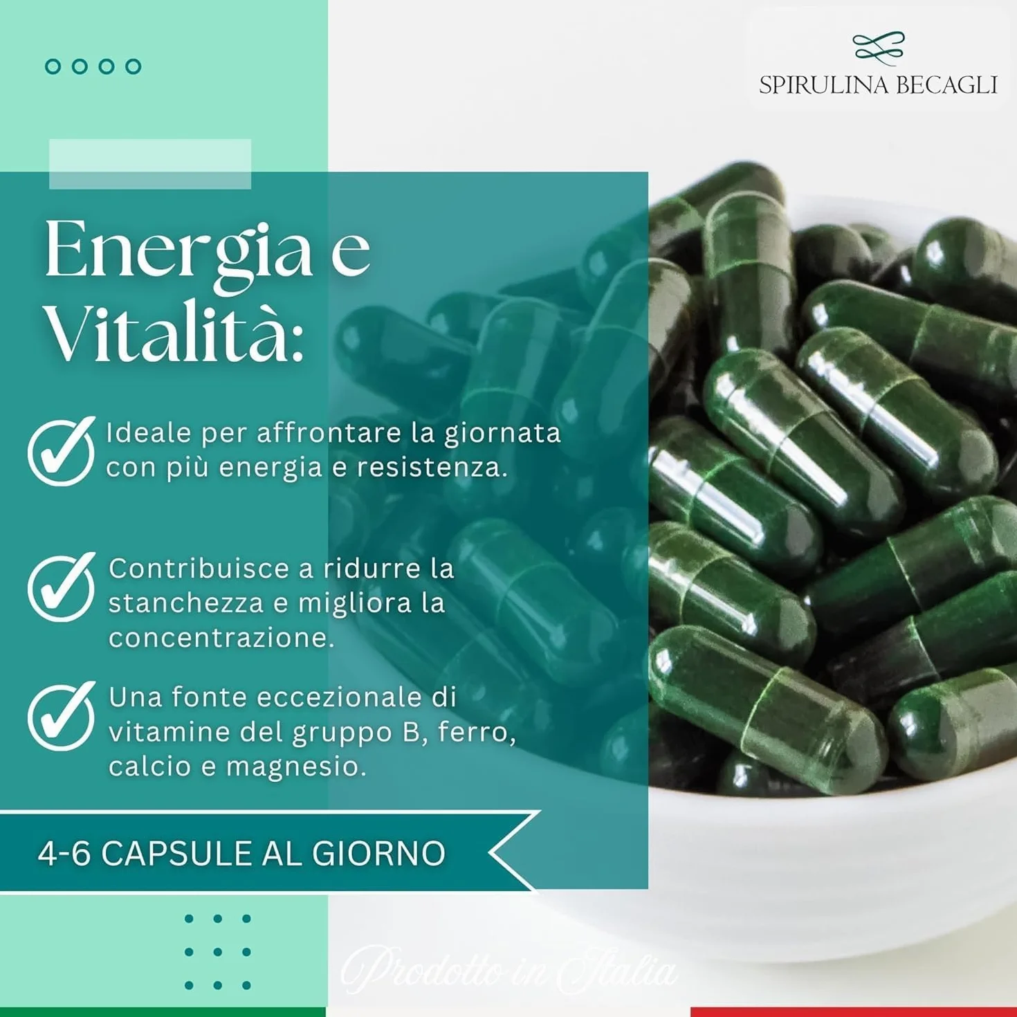 Spirulina Biologica Capsule Integratore Alimentare 100% Vegetale Coltivata in Toscana BECAGLI 180 Capsule