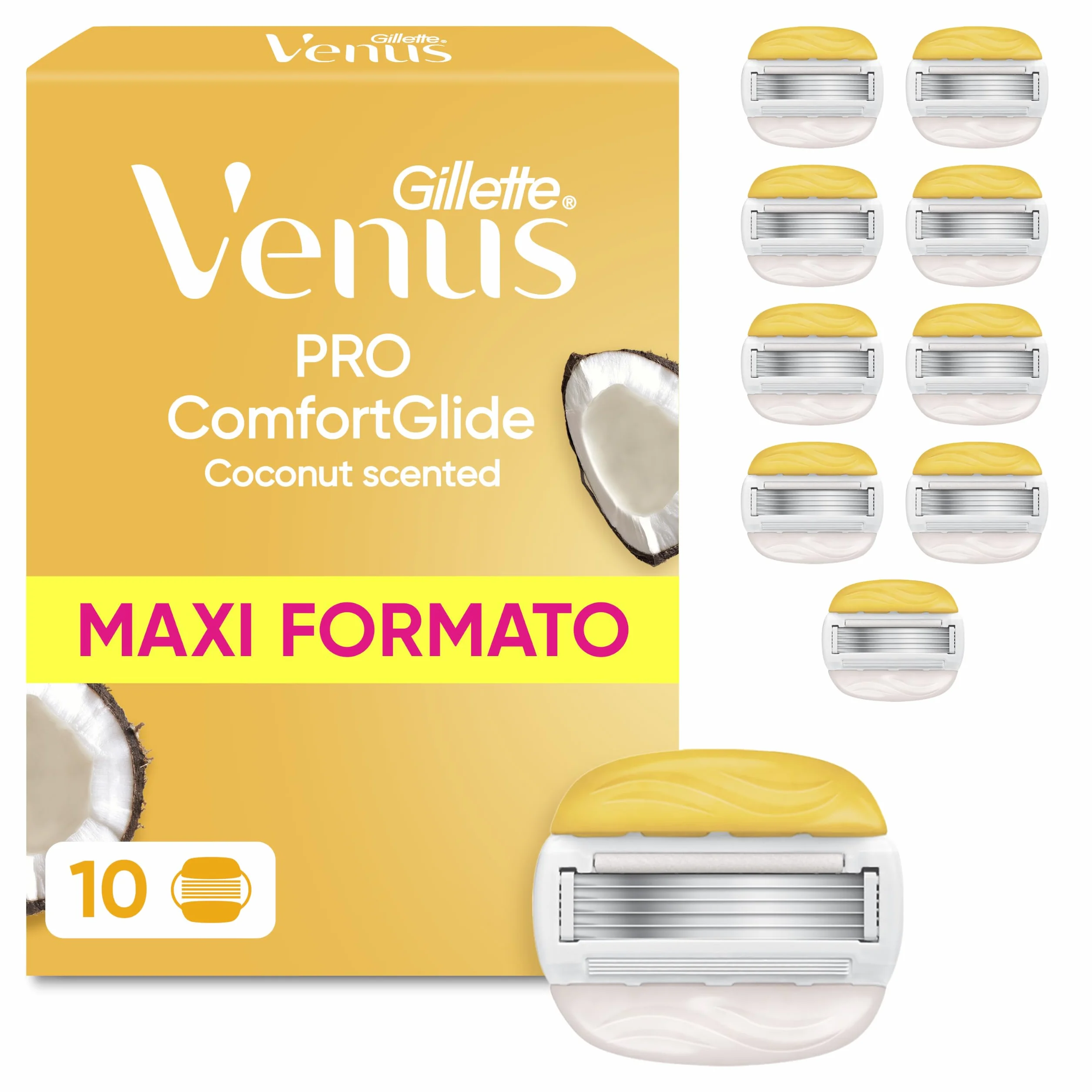 Gillette Venus Pro Comfortglide 10 Lamette di Ricambio a 5 Lame per Rasoio da Donna Venus, al Profumo di Cocco, Lamette Donna Adatte a Depilazione Corpo