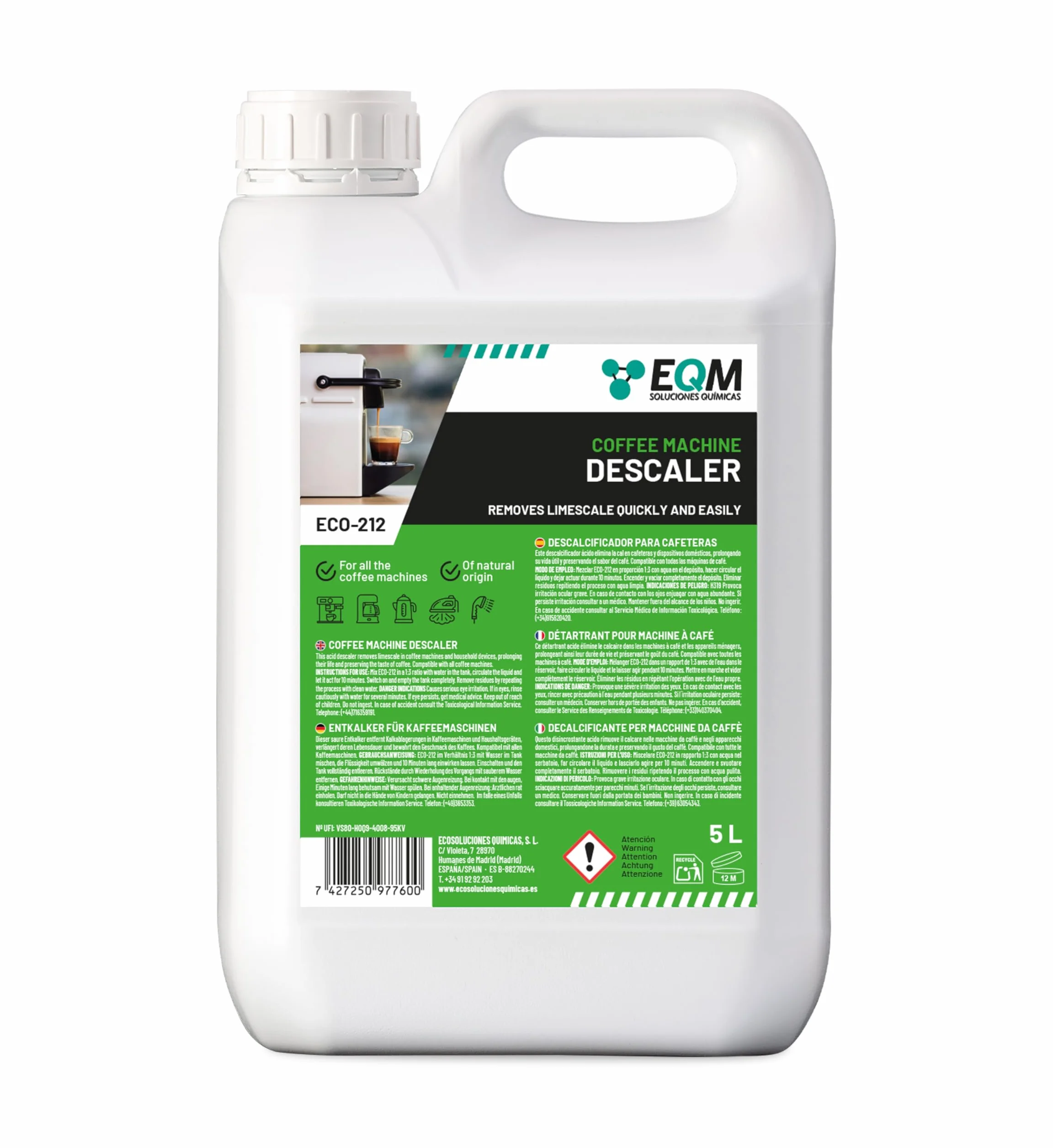 EQM Decalcificante per Macchine da Caffè 5L 100% Origine Naturale