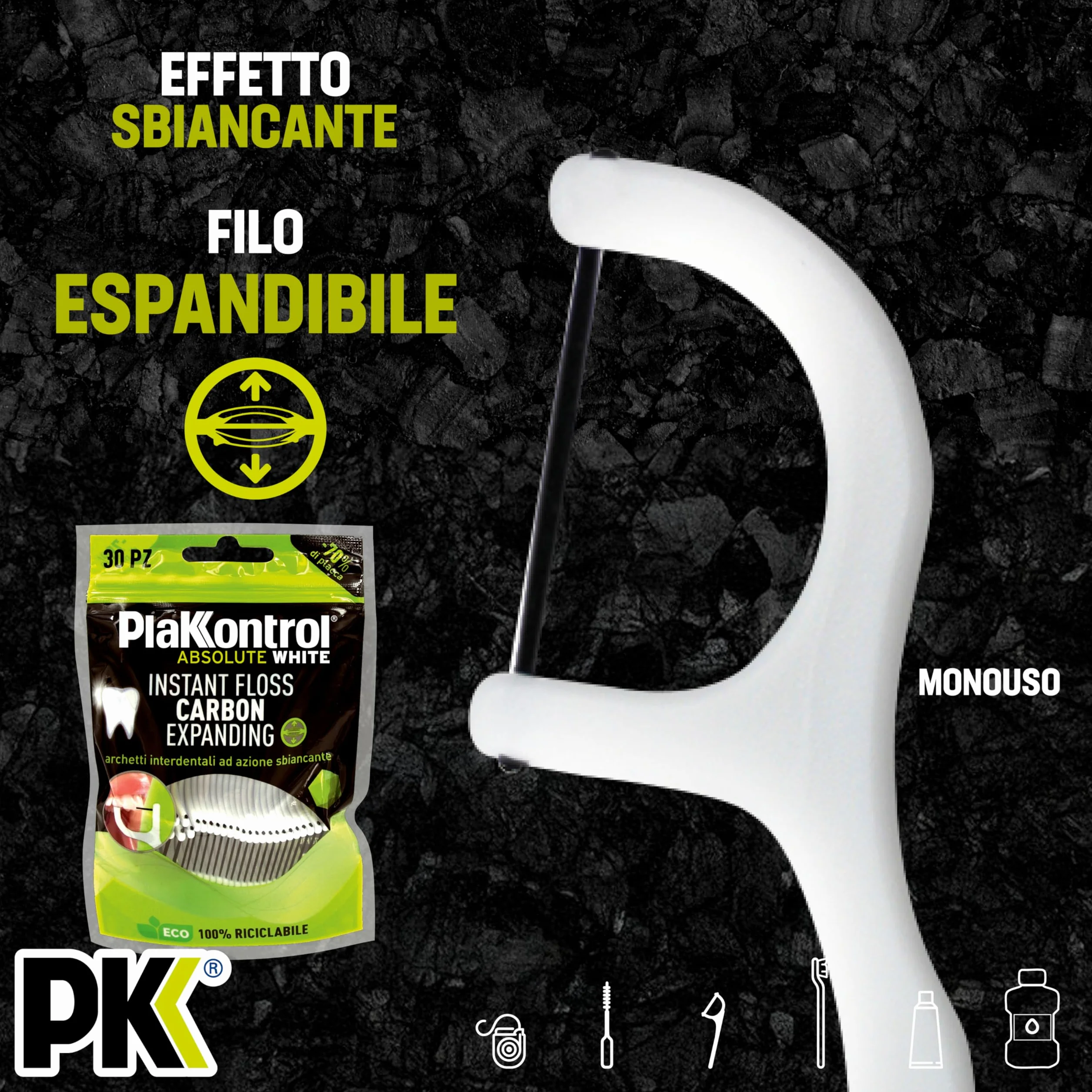 Plakkontrol® Absolute White Instant Floss Carbon Expanding, archetti interdentali ad azione sbiancante con microparticelle di carboni attivi vegetali - 30 pz – peso confezione: ℮ 30 g