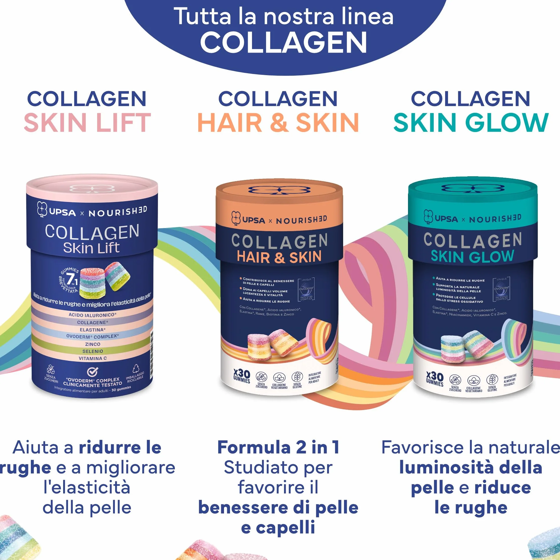 UPSA x Nourished Collagene Skin Lift 30 Gummies Integratore Alimentare con Acido Ialuronico ed Elastina
