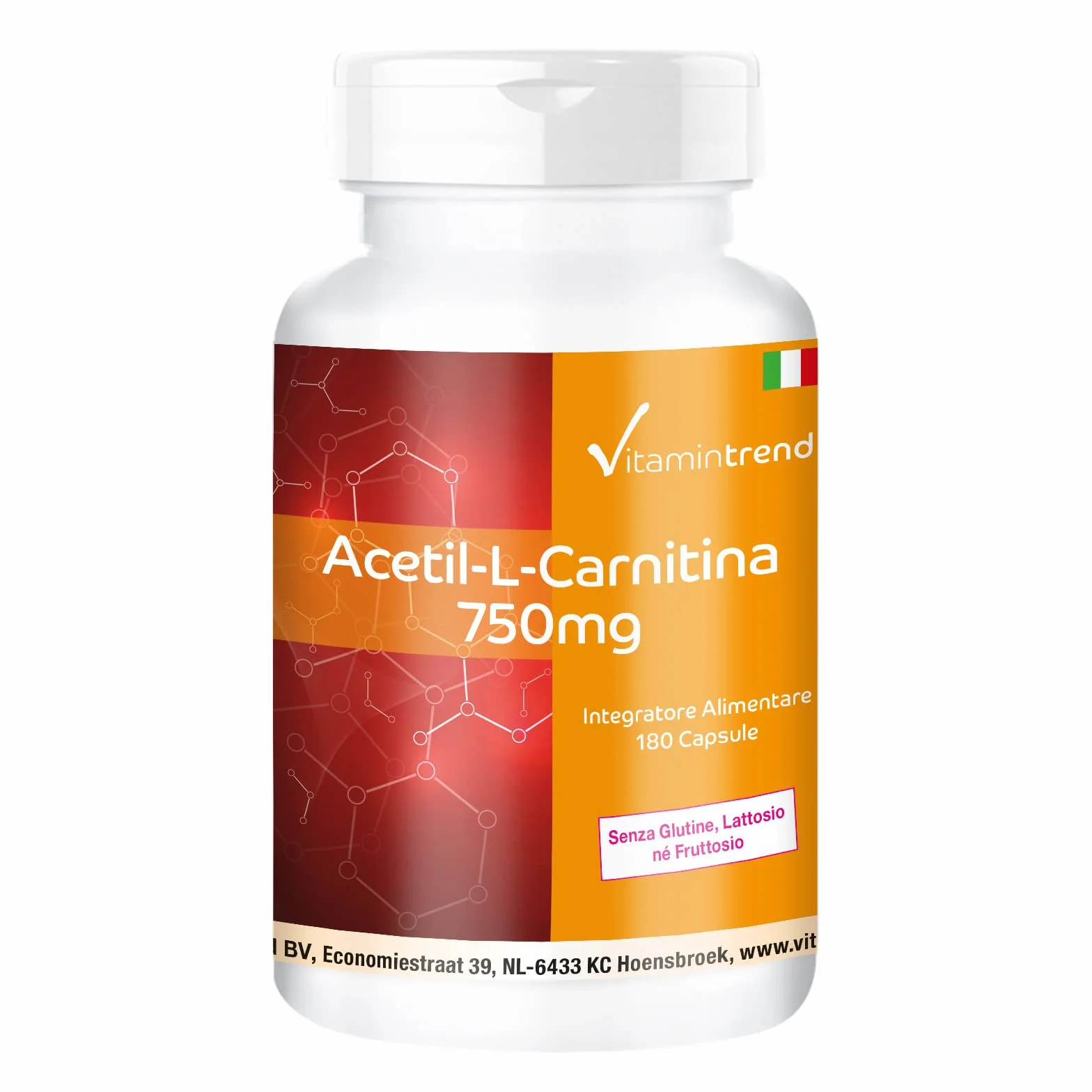 Vitamintrend Acetil-L-Carnitina 750 mg, 180 capsule, ad alto dosaggio, integratore alimentare vegano senza stearato di magnesio, prodotto in Germania