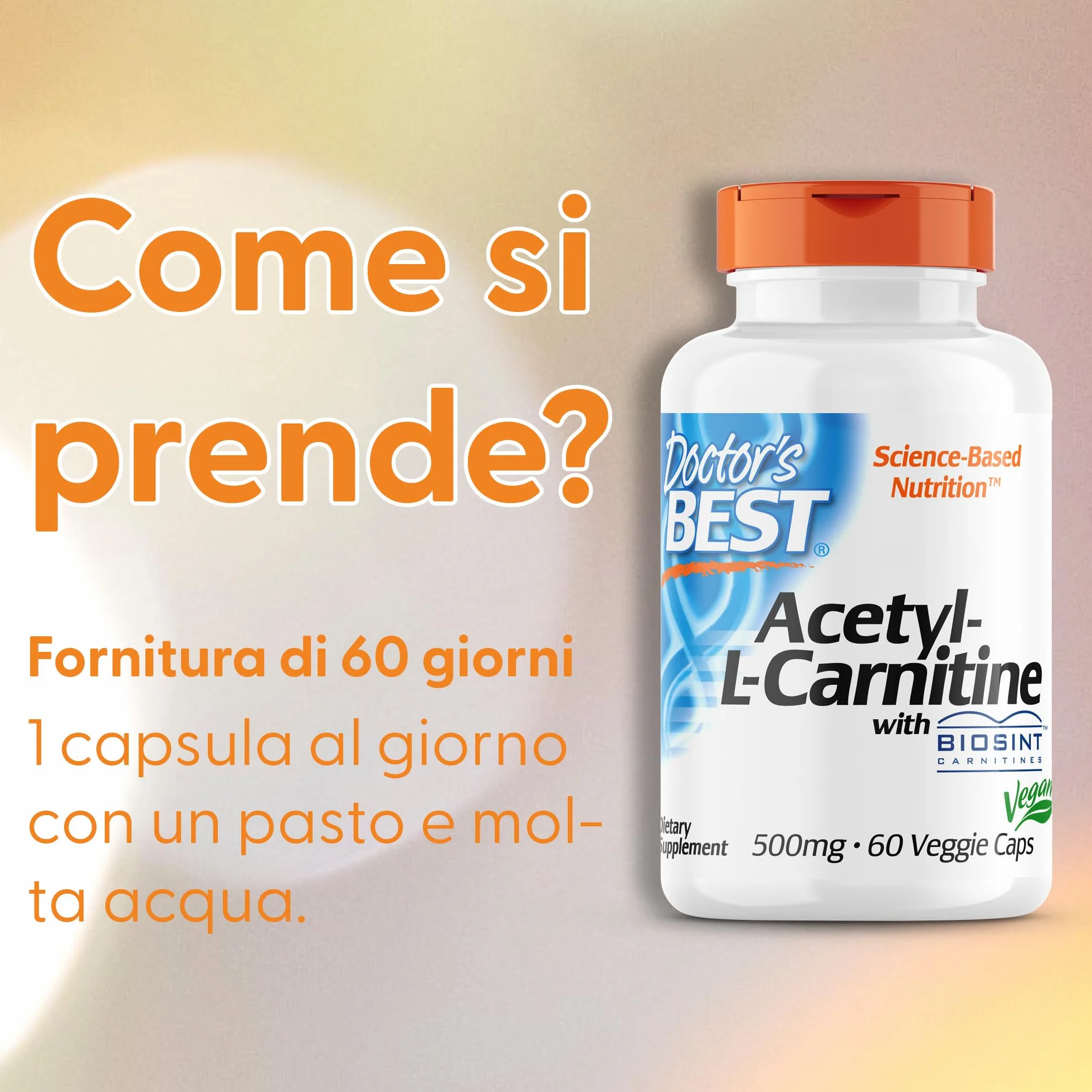 Doctor's Best, Acetyl-L-Carnitine with BIOSINT, 500mg, 60 Capsule vegan, Testato in Laboratorio, Senza Glutine, Senza Doia, Vegetariano