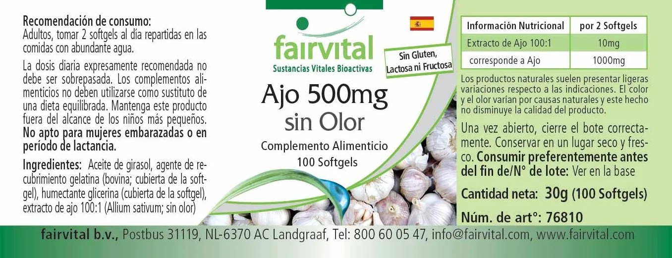 fairvital Capsule di aglio 500 mg, 100 softgel, facili da deglutire, contengono alliicina, estratto di aglio 100:1, ALTO DOSAGGIO e inodori