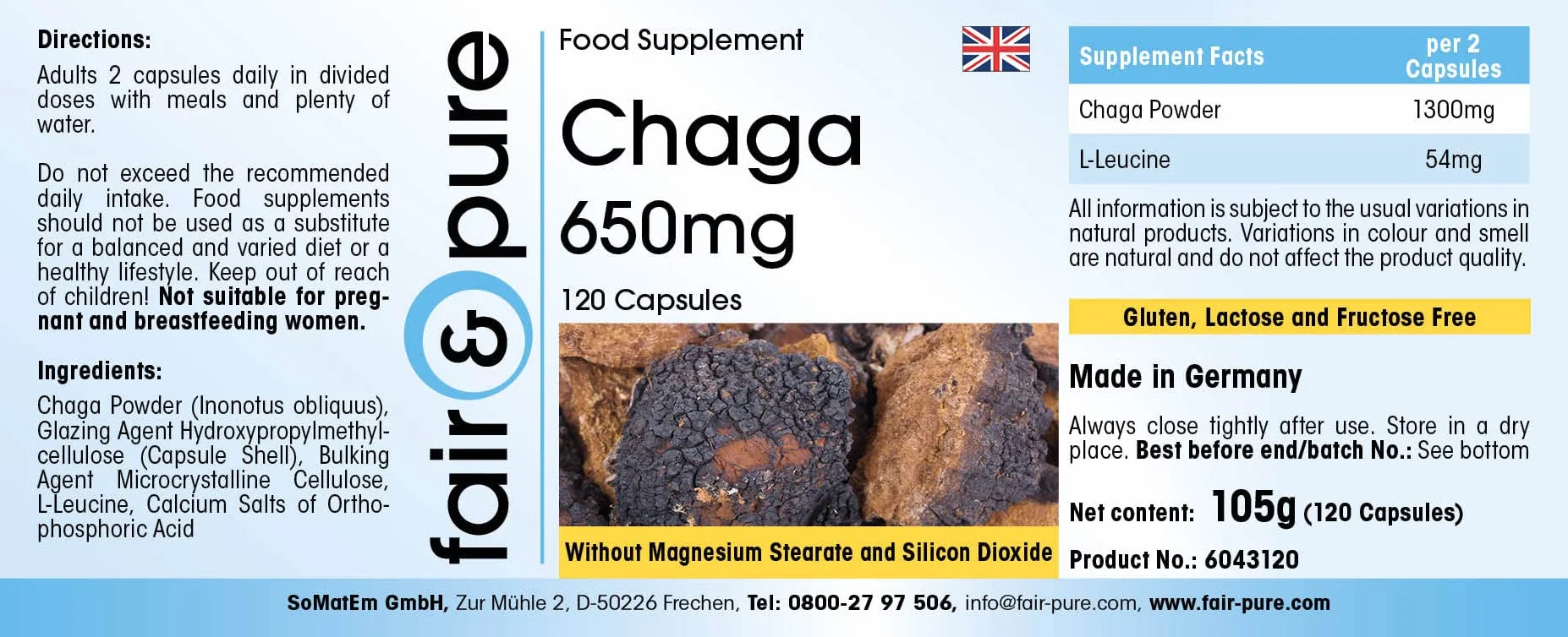 Fair & Pure® - Chaga 650mg - Capsule - Inonotus obliquus - Vegan - 120 Capsule