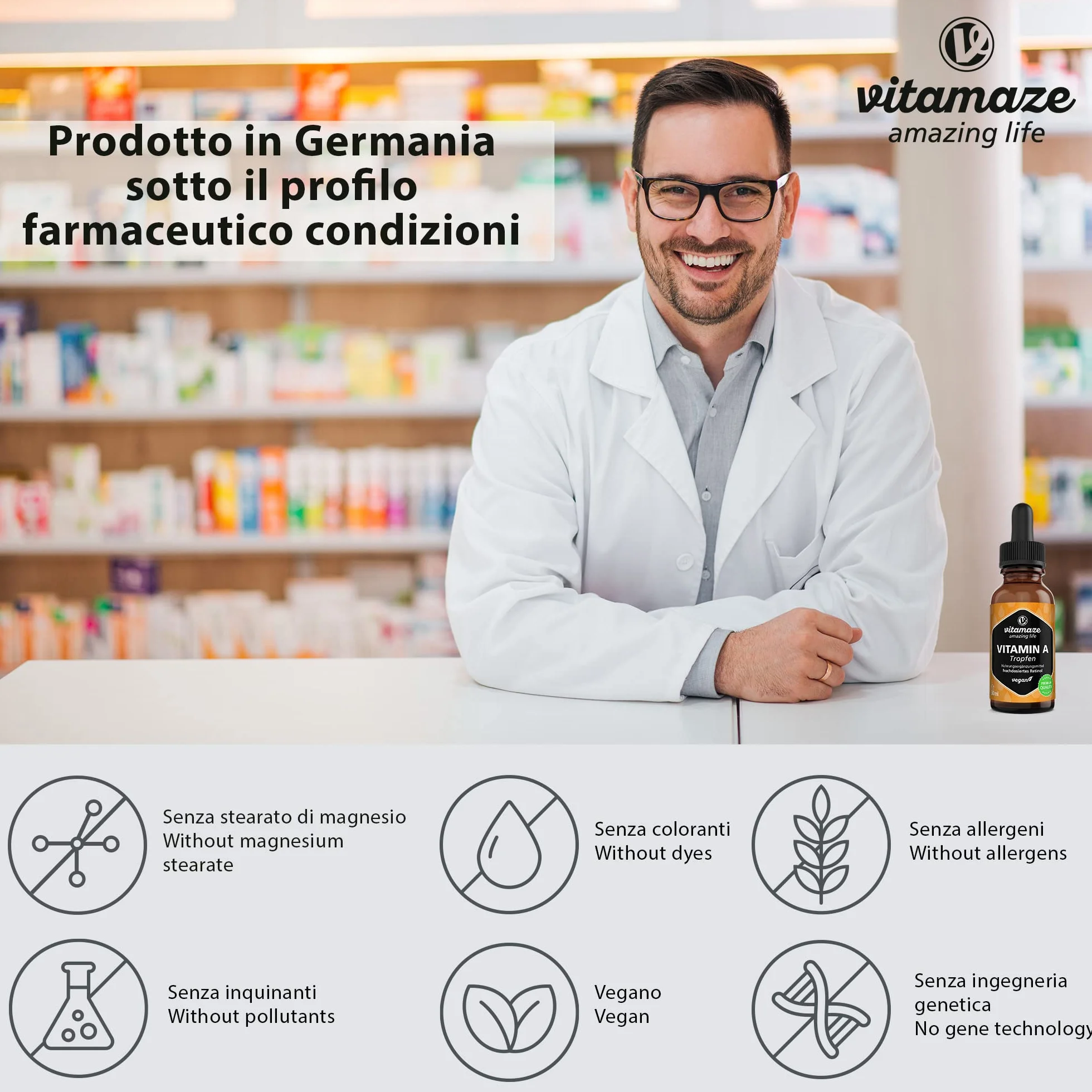 Vitamina A Gocce 5000 UI ad Alto Dosaggio per Dose Giornaliera, Retinolo Vegano & Liquido, 50 ml (1700 Gocce), Alta Biodisponibilità, Integratore Alimentare Naturale & Pura, senza Additivi