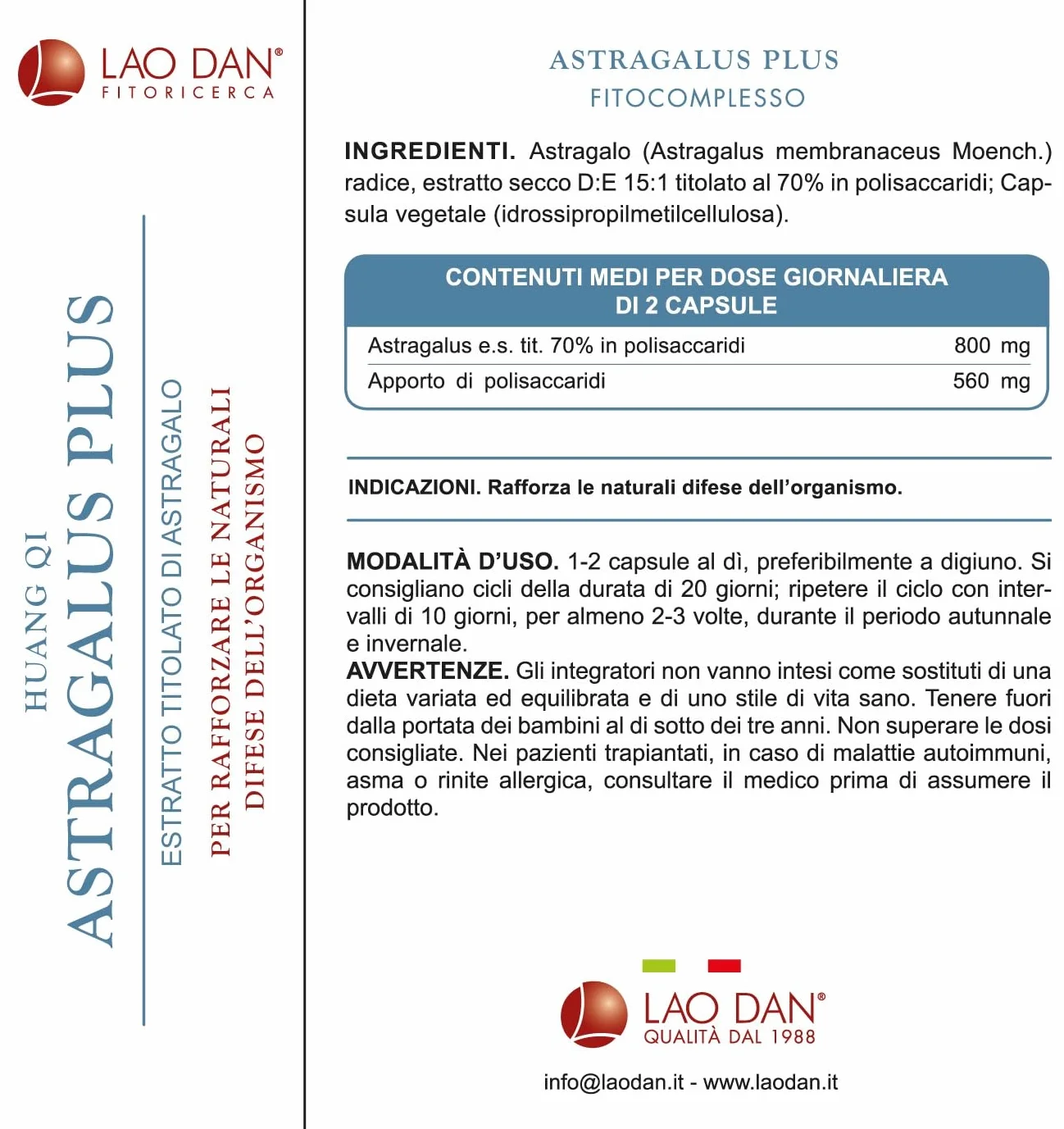 ASTRAGALUS PLUS Fitoricerca Lao Dan® Astragalo Integratore Difese Immunitarie 70% Polisaccaridi Estratto Premium Naturale Made in Italy